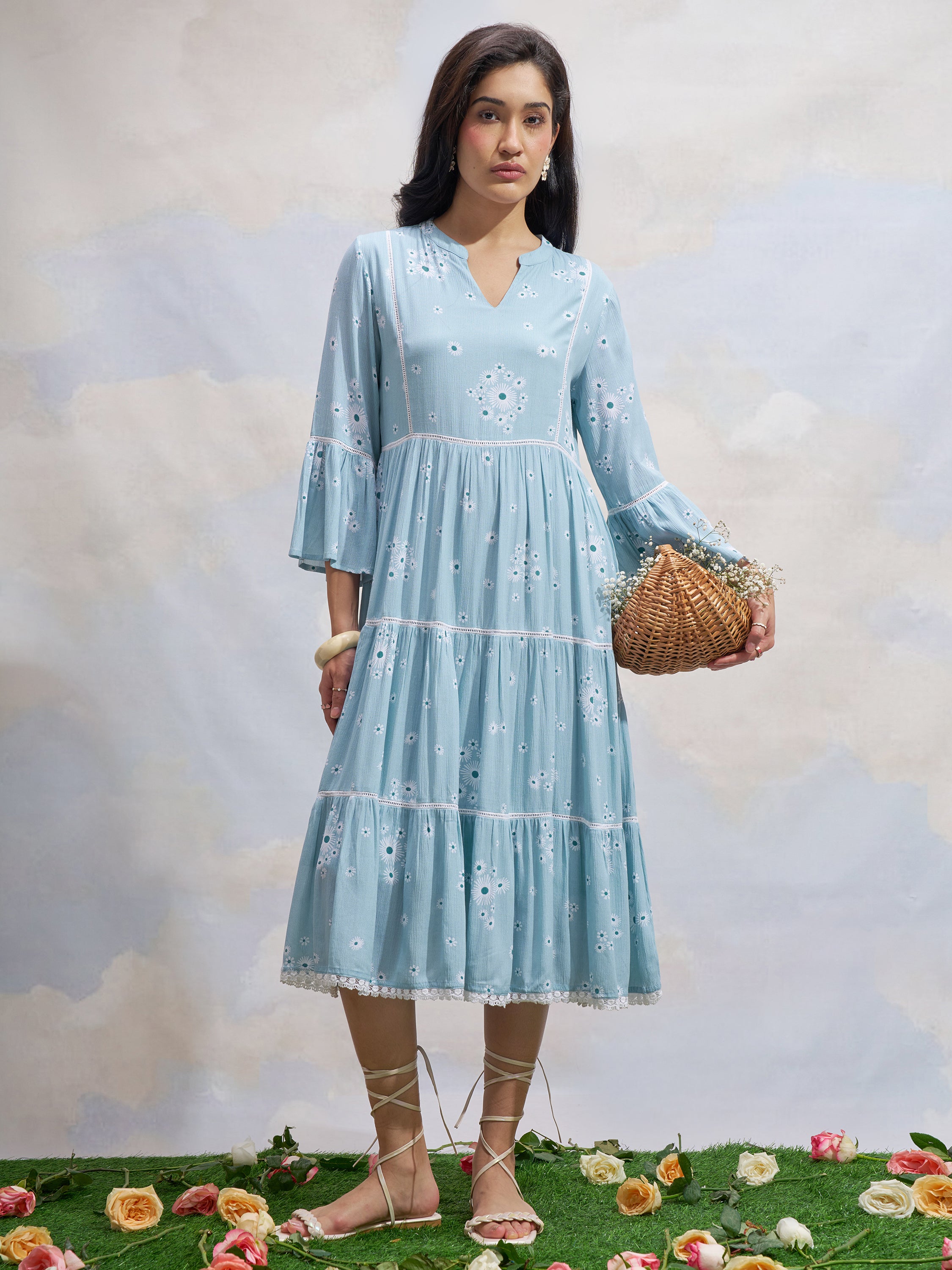 Vara By Vishudh Women Blue Printed Fit and Flare Dress - Blue - Image 1