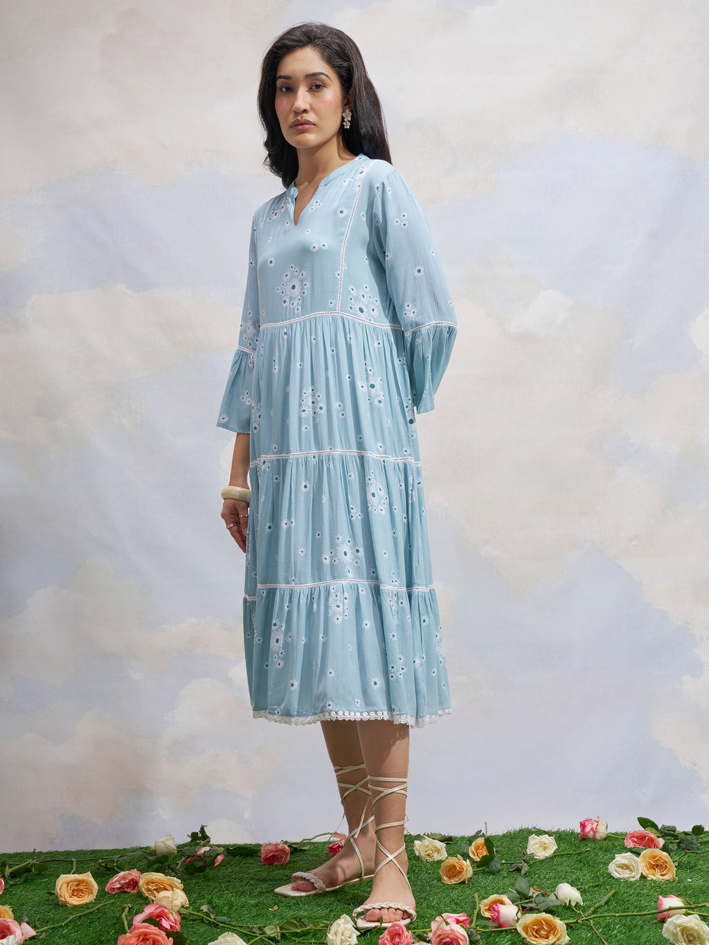 Vara By Vishudh Women Blue Printed Fit and Flare Dress - Blue - Image 2
