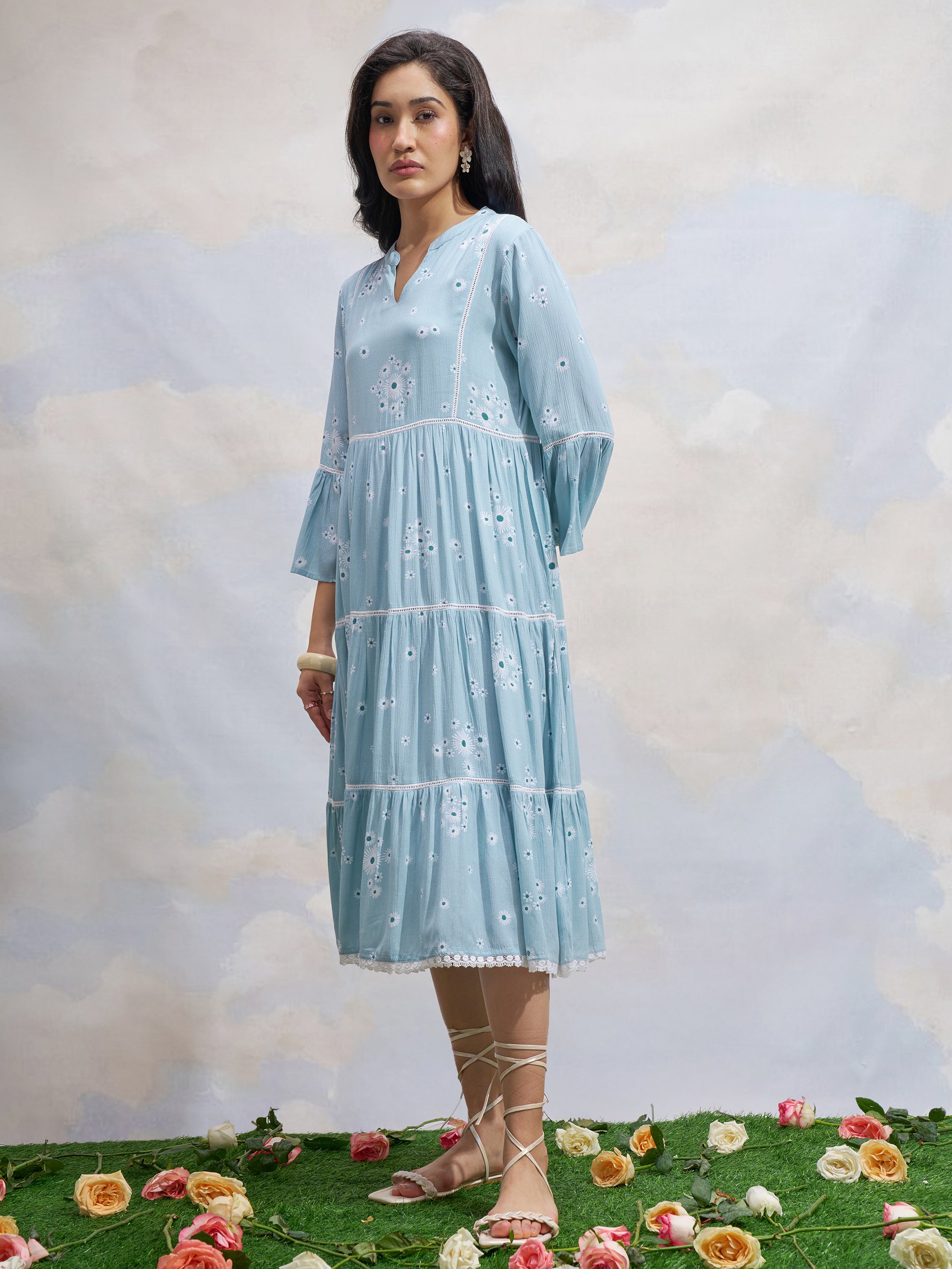Vara By Vishudh Women Blue Printed Fit and Flare Dress - Blue - Image 2