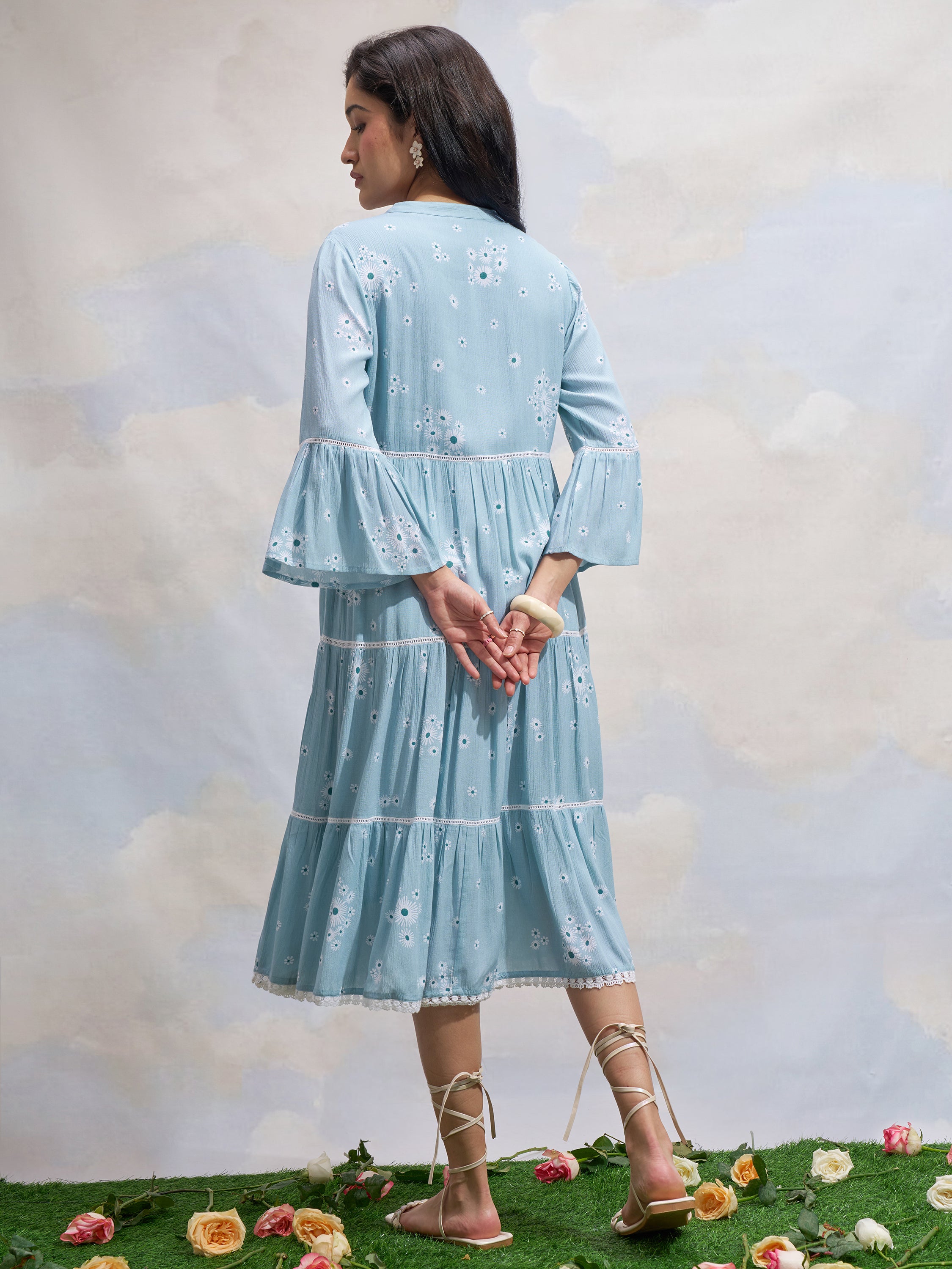 Vara By Vishudh Women Blue Printed Fit and Flare Dress - Blue - Image 3