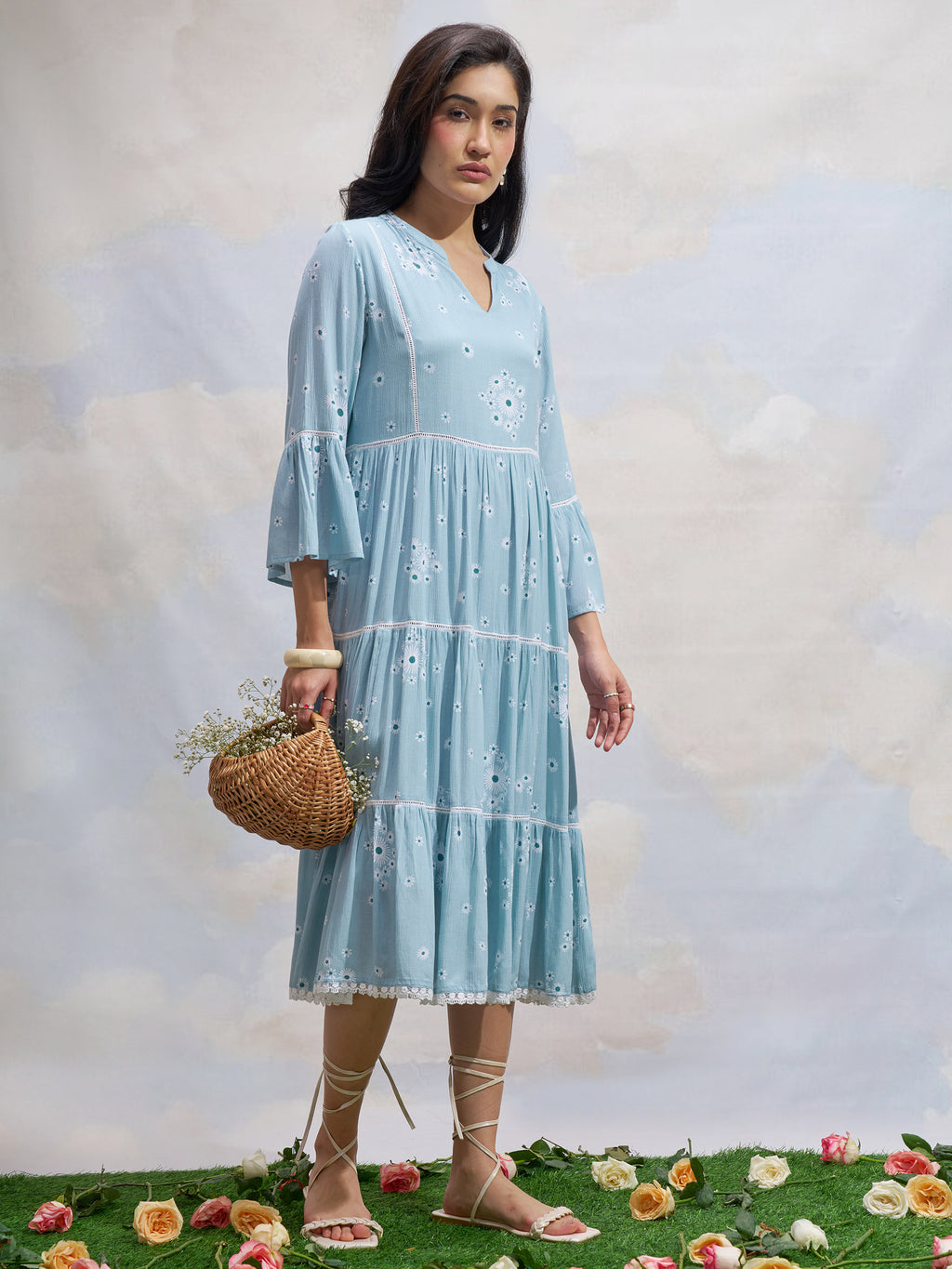 Vara By Vishudh Women Blue Printed Fit and Flare Dress - Blue - Image 4