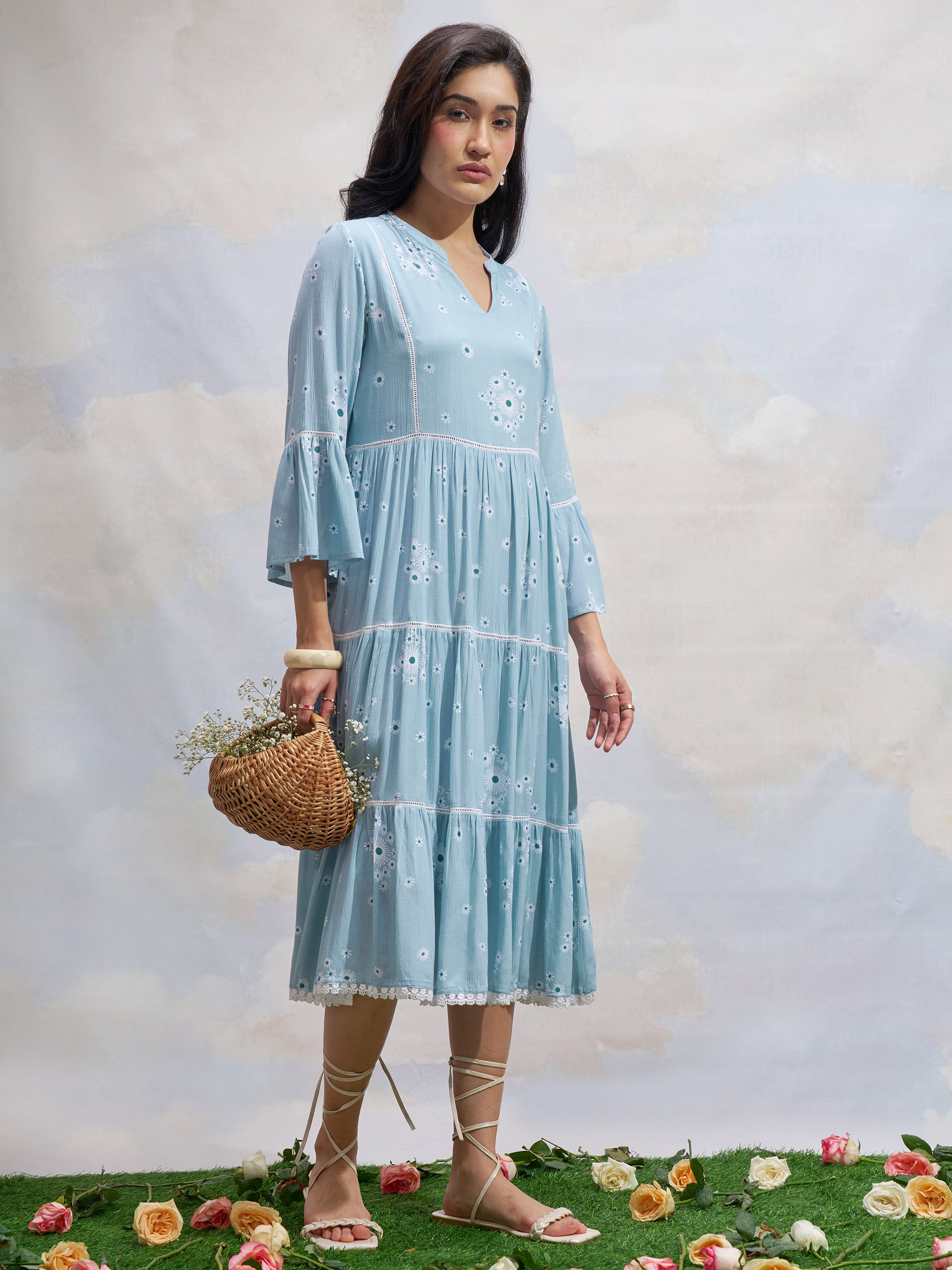 Vara By Vishudh Women Blue Printed Fit and Flare Dress - Blue - Image 4