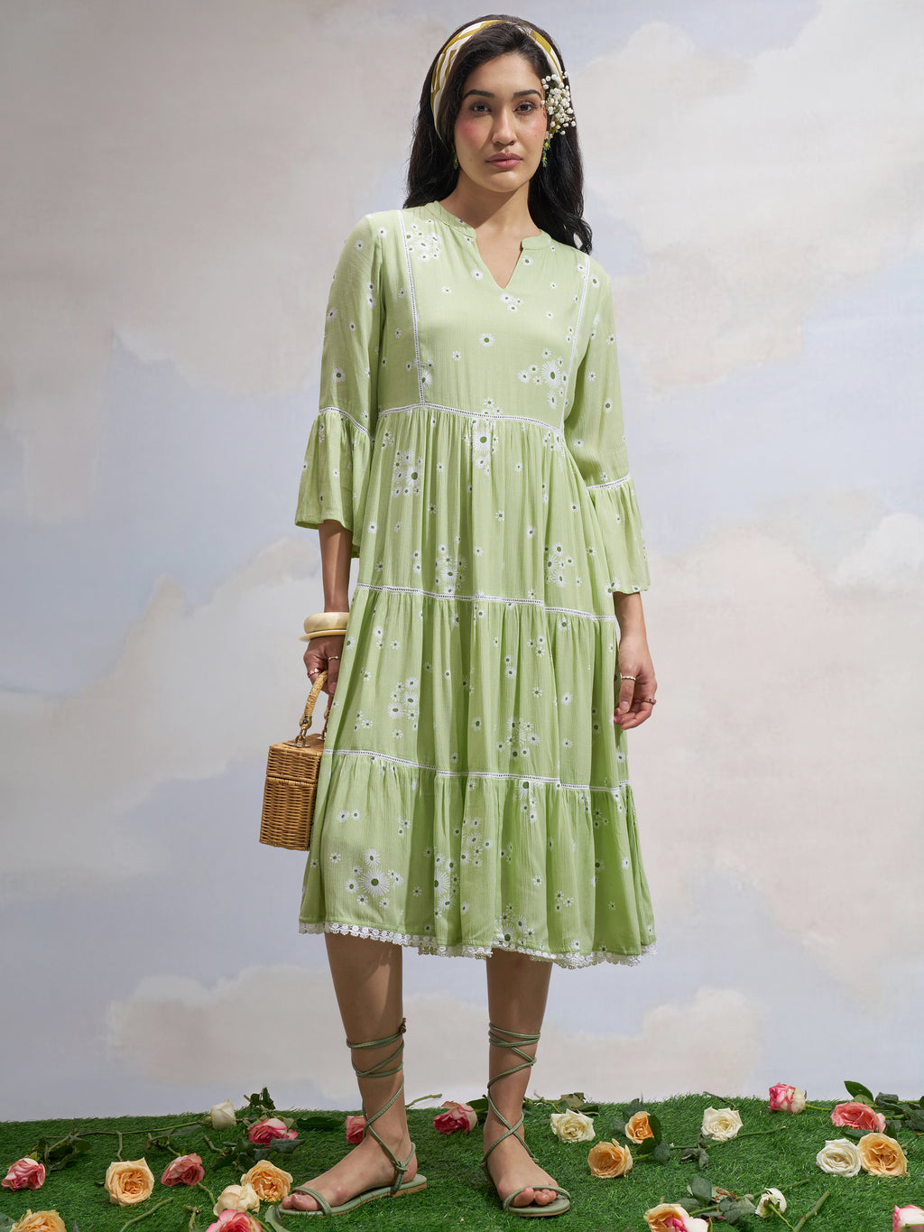 Vara By Vishudh Women Green Printed Fit and Flare Dress - Green - Image 1