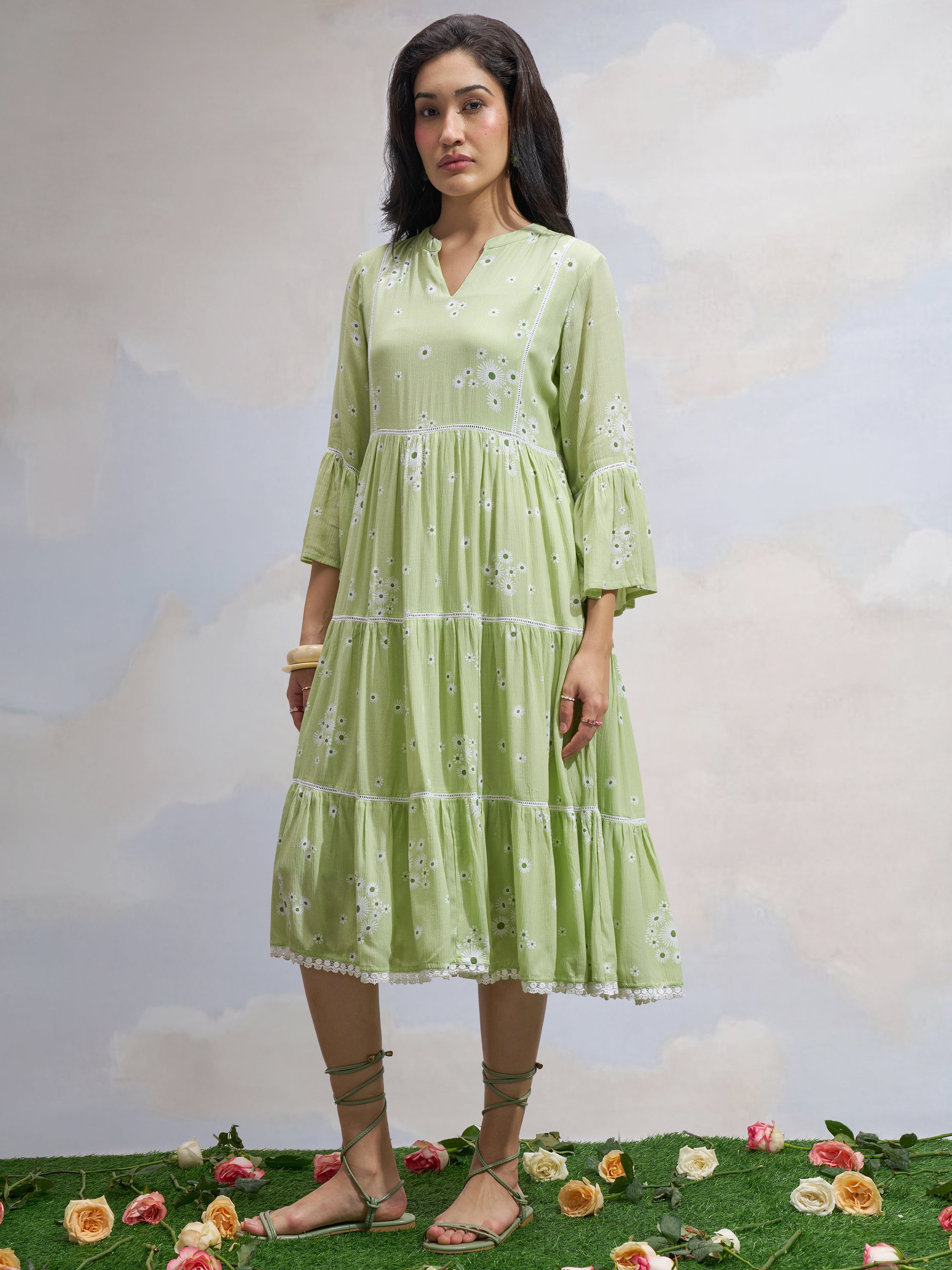 Vara By Vishudh Women Green Printed Fit and Flare Dress - Green - Image 2