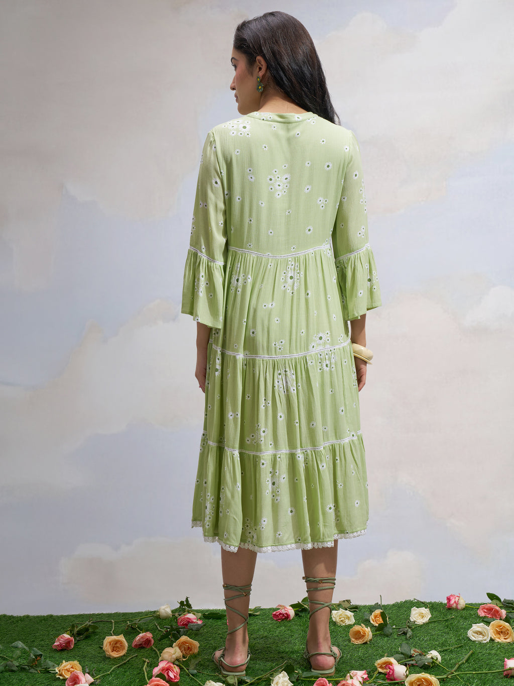 Vara By Vishudh Women Green Printed Fit and Flare Dress - Green - Image 3