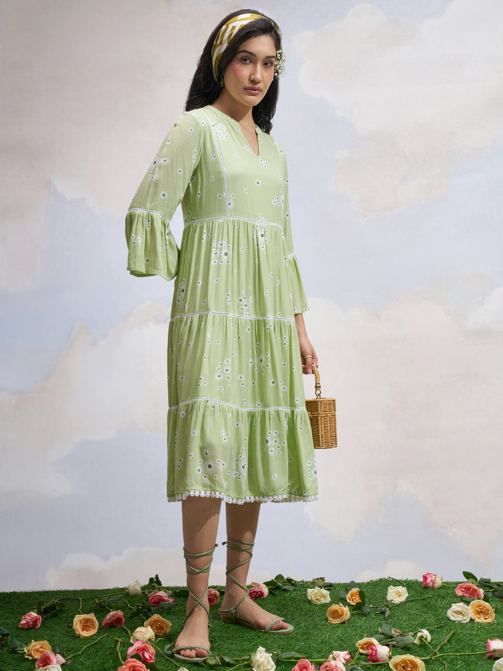 Vara By Vishudh Women Green Printed Fit and Flare Dress - Green - Image 4