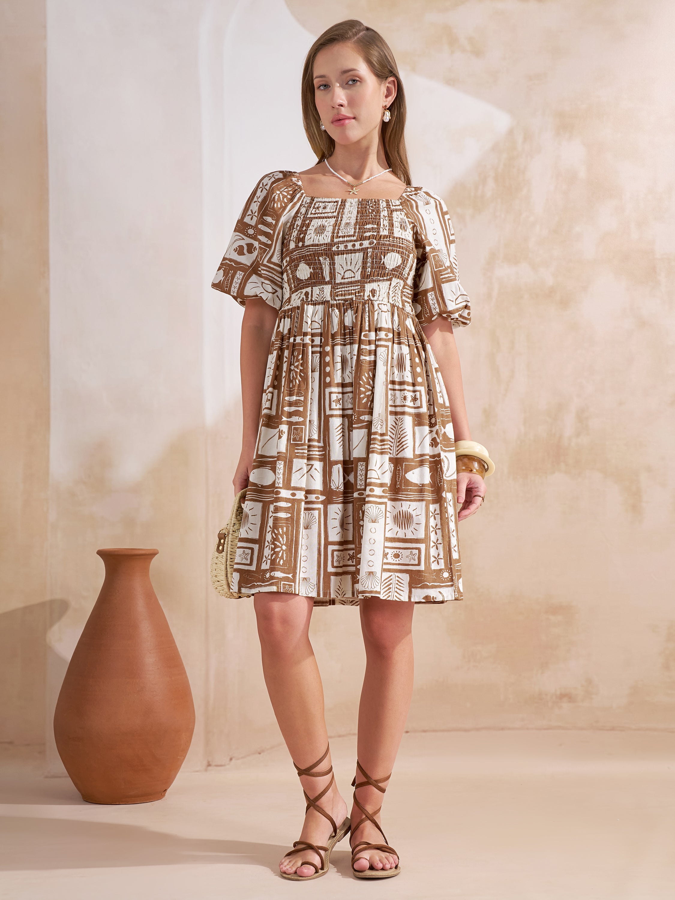 Vara By Vishudh Women Taupe Printed Fit and Flare Dress