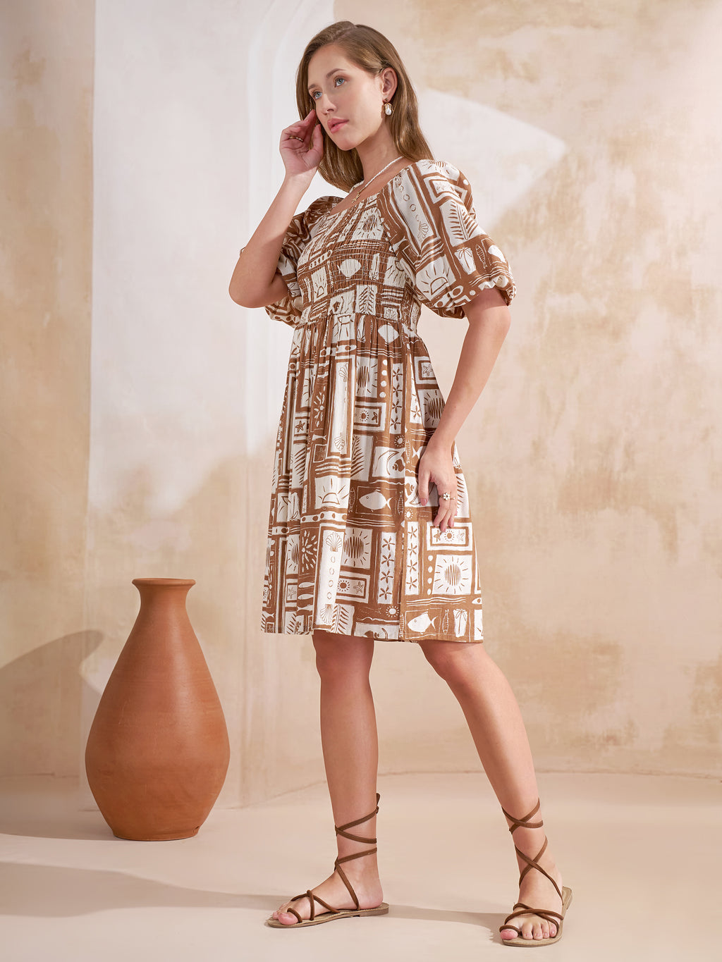 Vara By Vishudh Women Taupe Printed Fit and Flare Dress