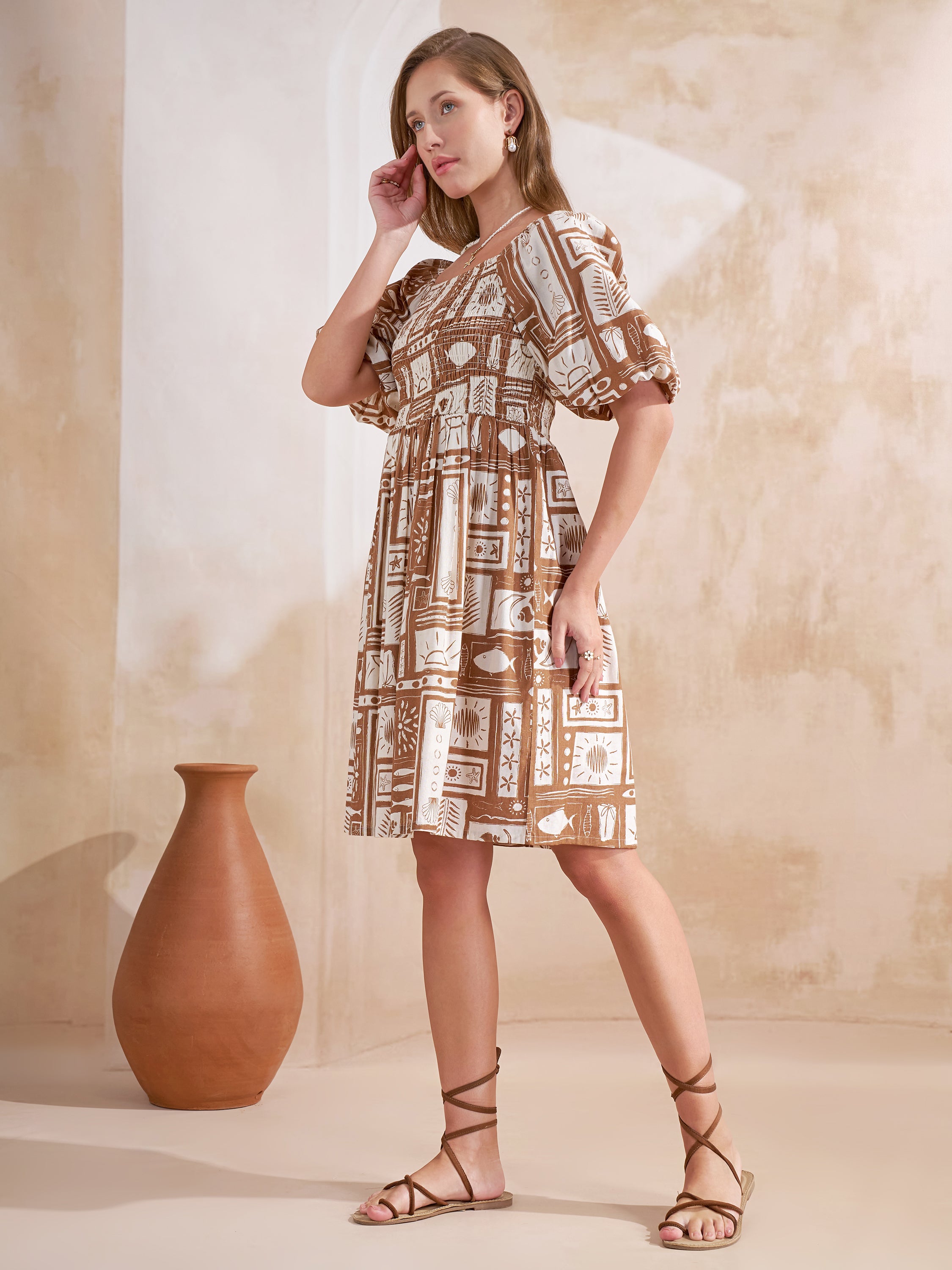 Vara By Vishudh Women Taupe Printed Fit and Flare Dress