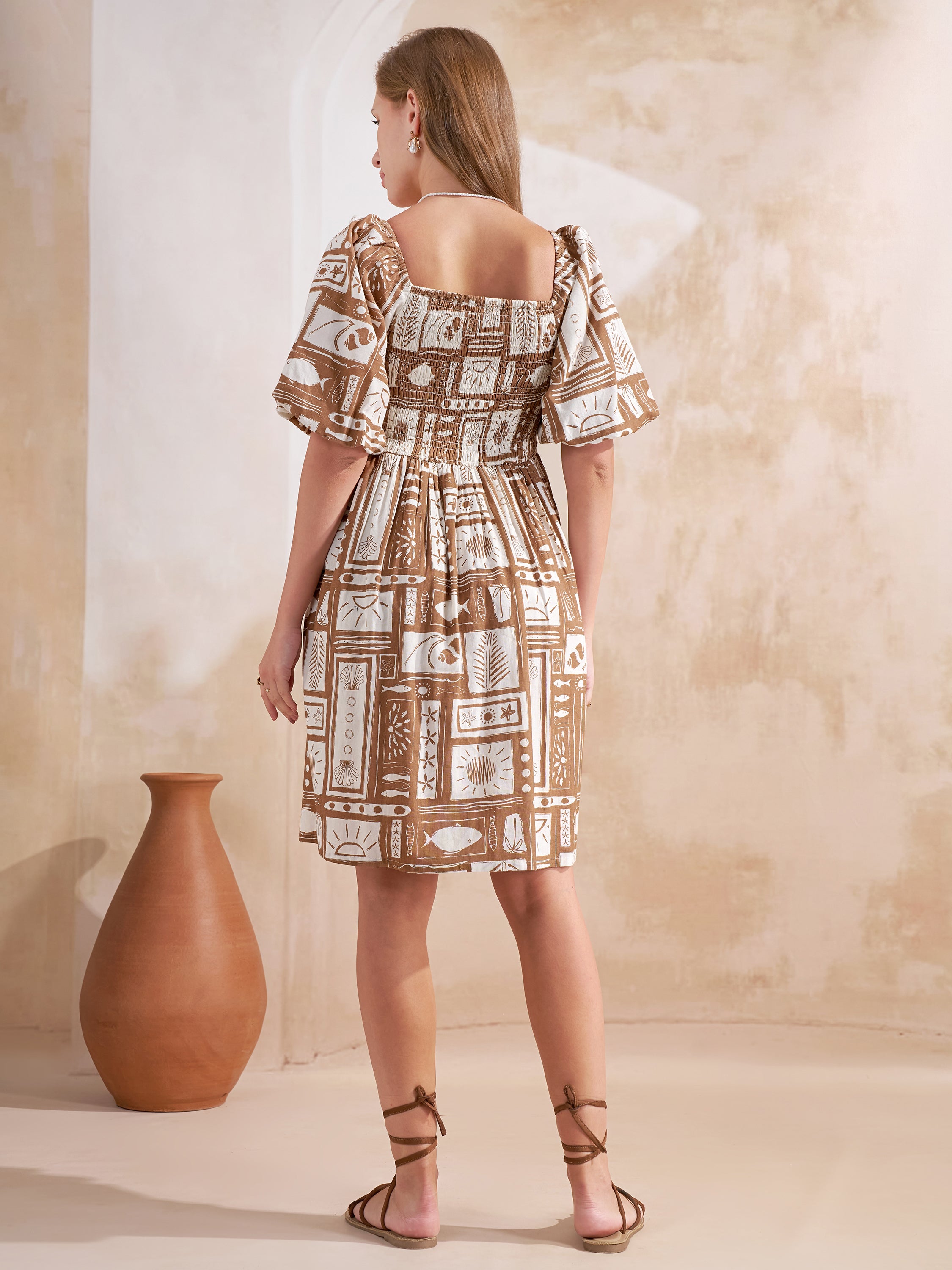 Vara By Vishudh Women Taupe Printed Fit and Flare Dress