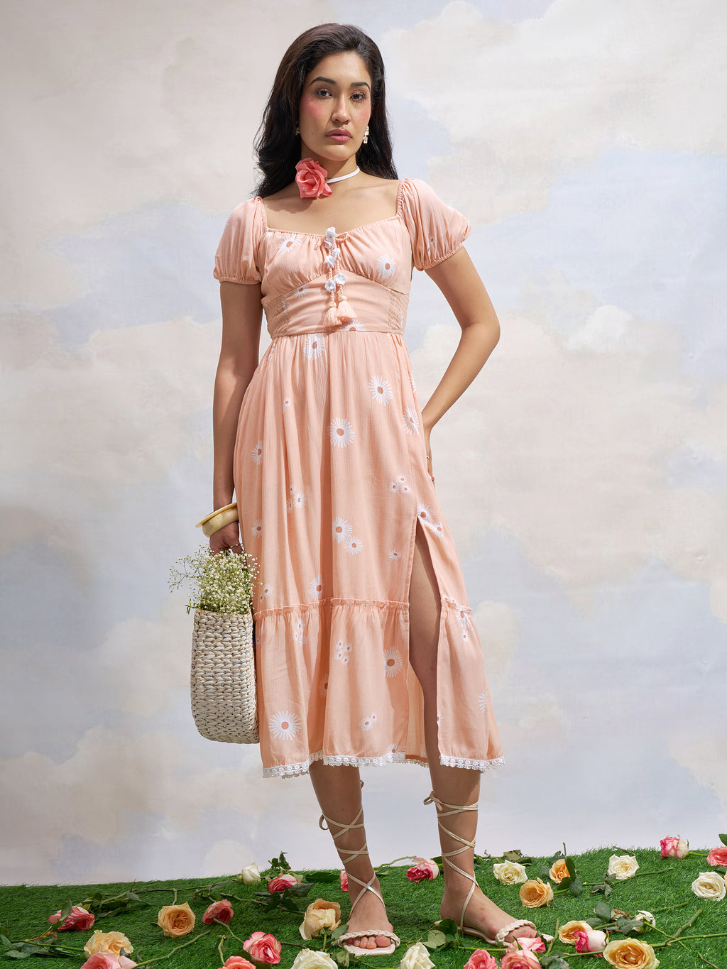 Vara By Vishudh Women Peach Printed Drop Waist Dress - Peach - Image 1