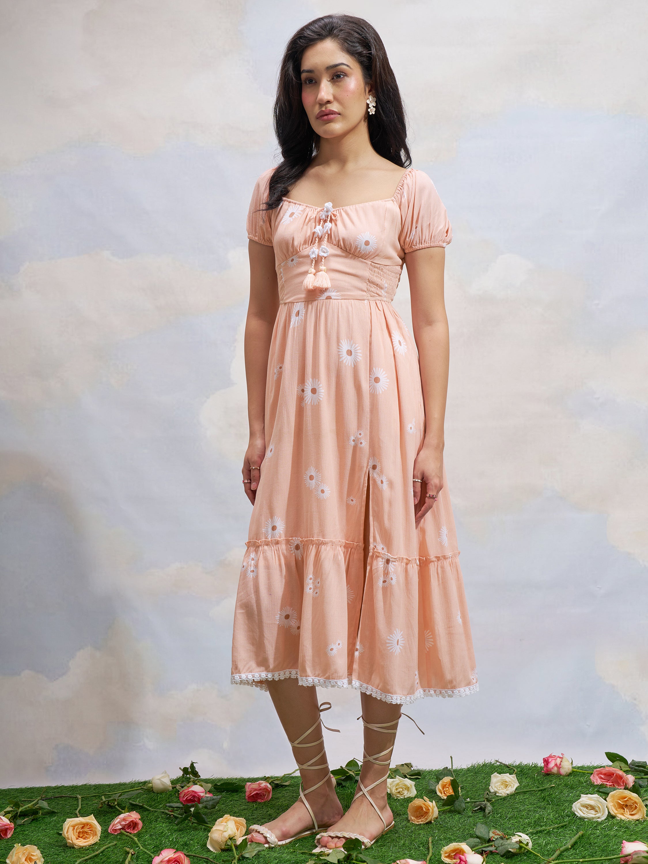 Vara By Vishudh Women Peach Printed Drop Waist Dress - Peach - Image 2