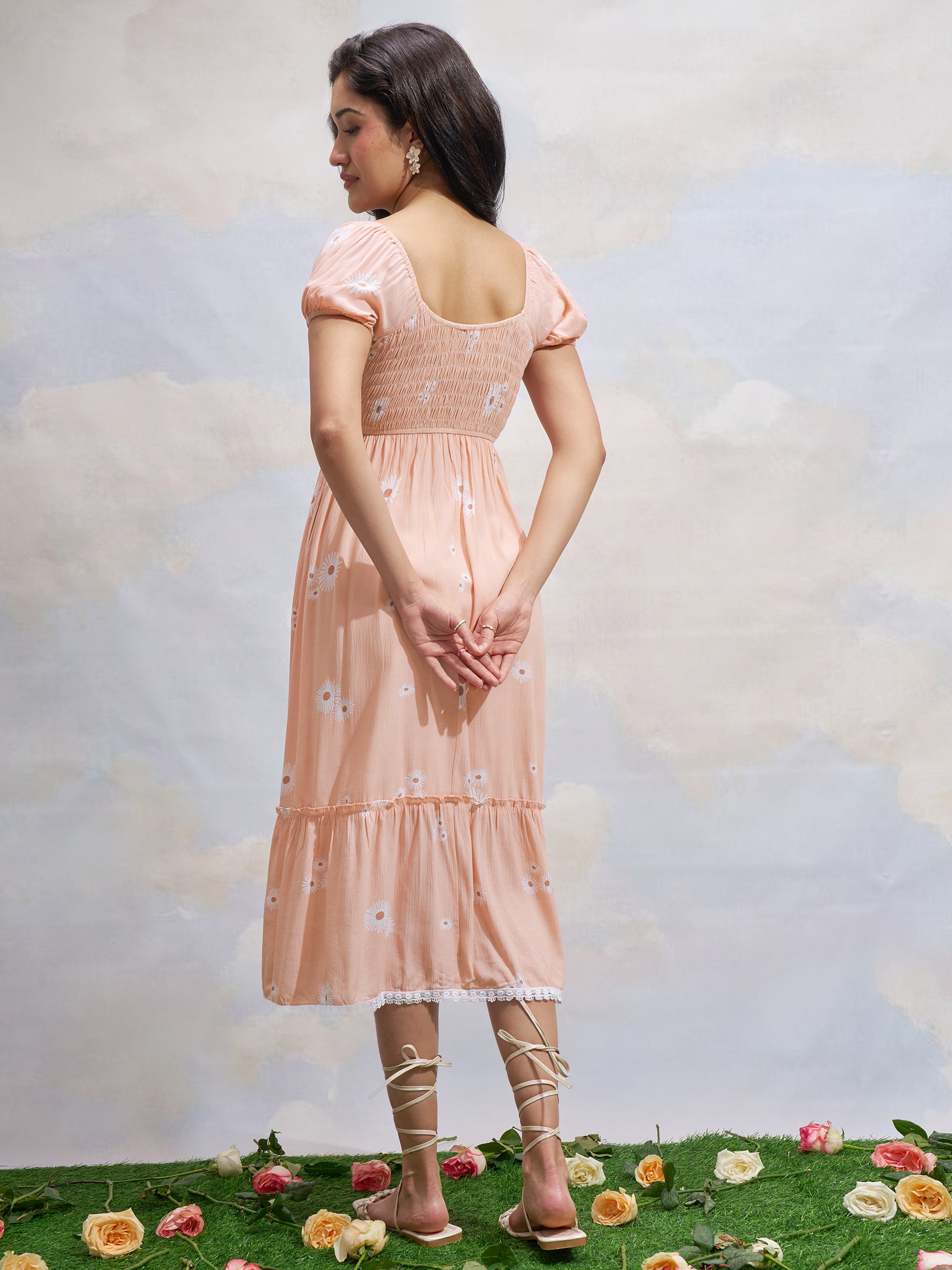 Vara By Vishudh Women Peach Printed Drop Waist Dress - Peach - Image 3