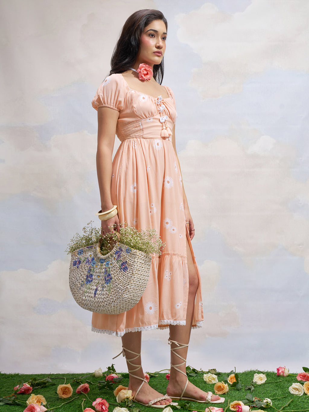 Vara By Vishudh Women Peach Printed Drop Waist Dress - Peach - Image 4