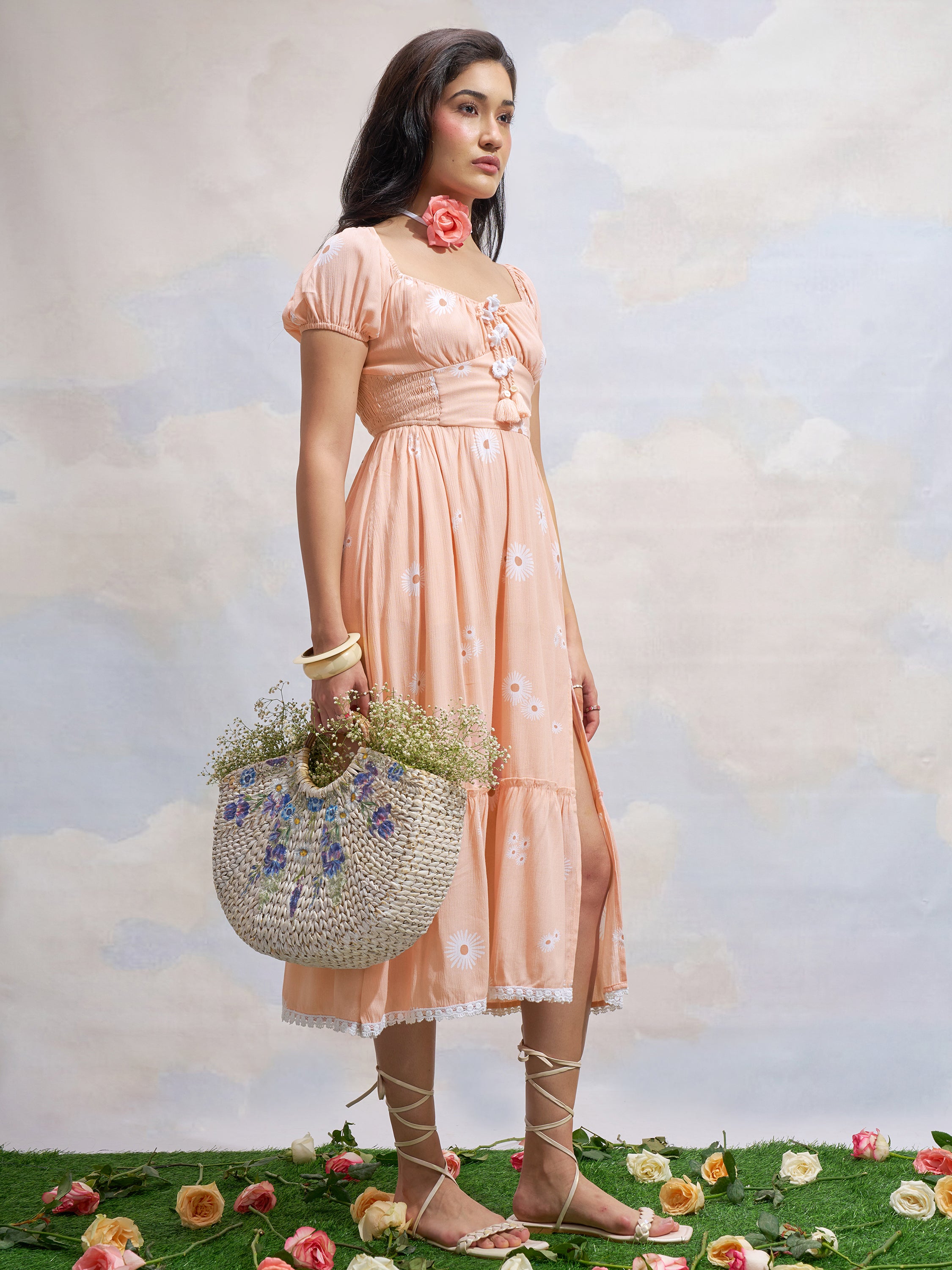 Vara By Vishudh Women Peach Printed Drop Waist Dress - Peach - Image 4