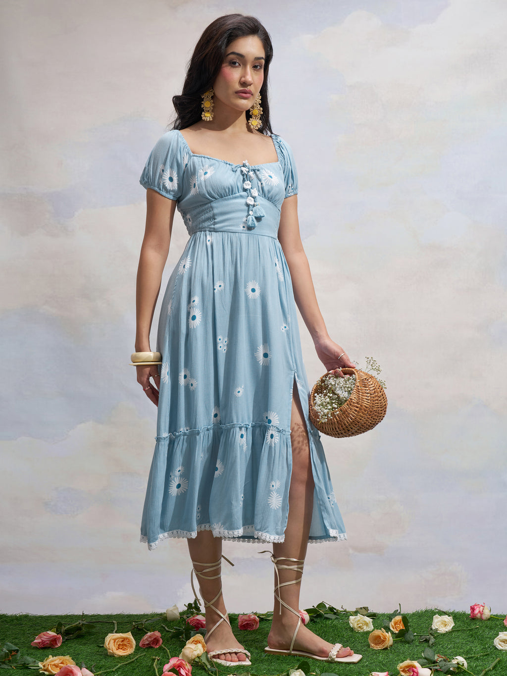 Vara By Vishudh Women Blue Printed Drop Waist Dress - Blue - Image 1