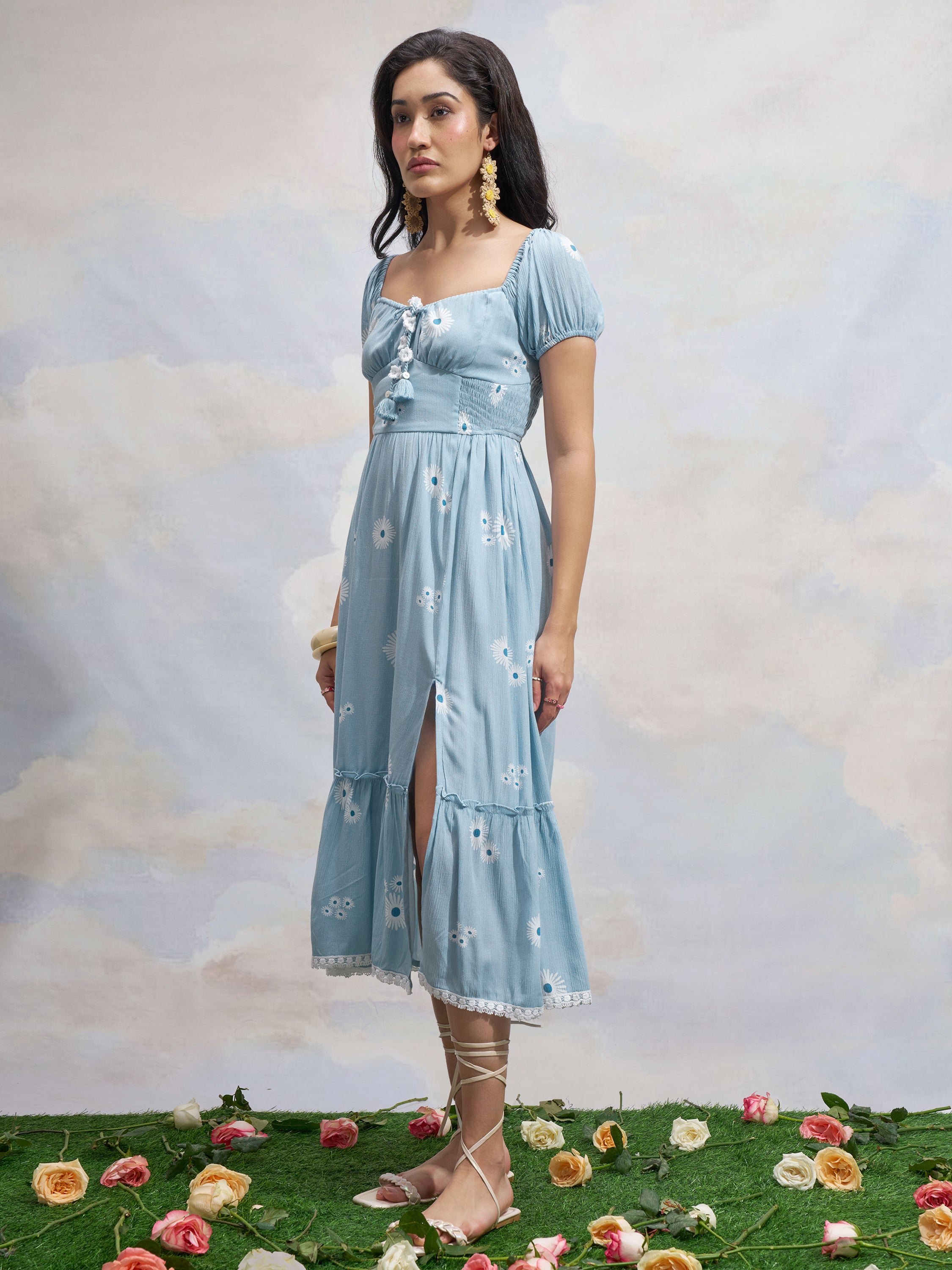 Vara By Vishudh Women Blue Printed Drop Waist Dress - Blue - Image 2