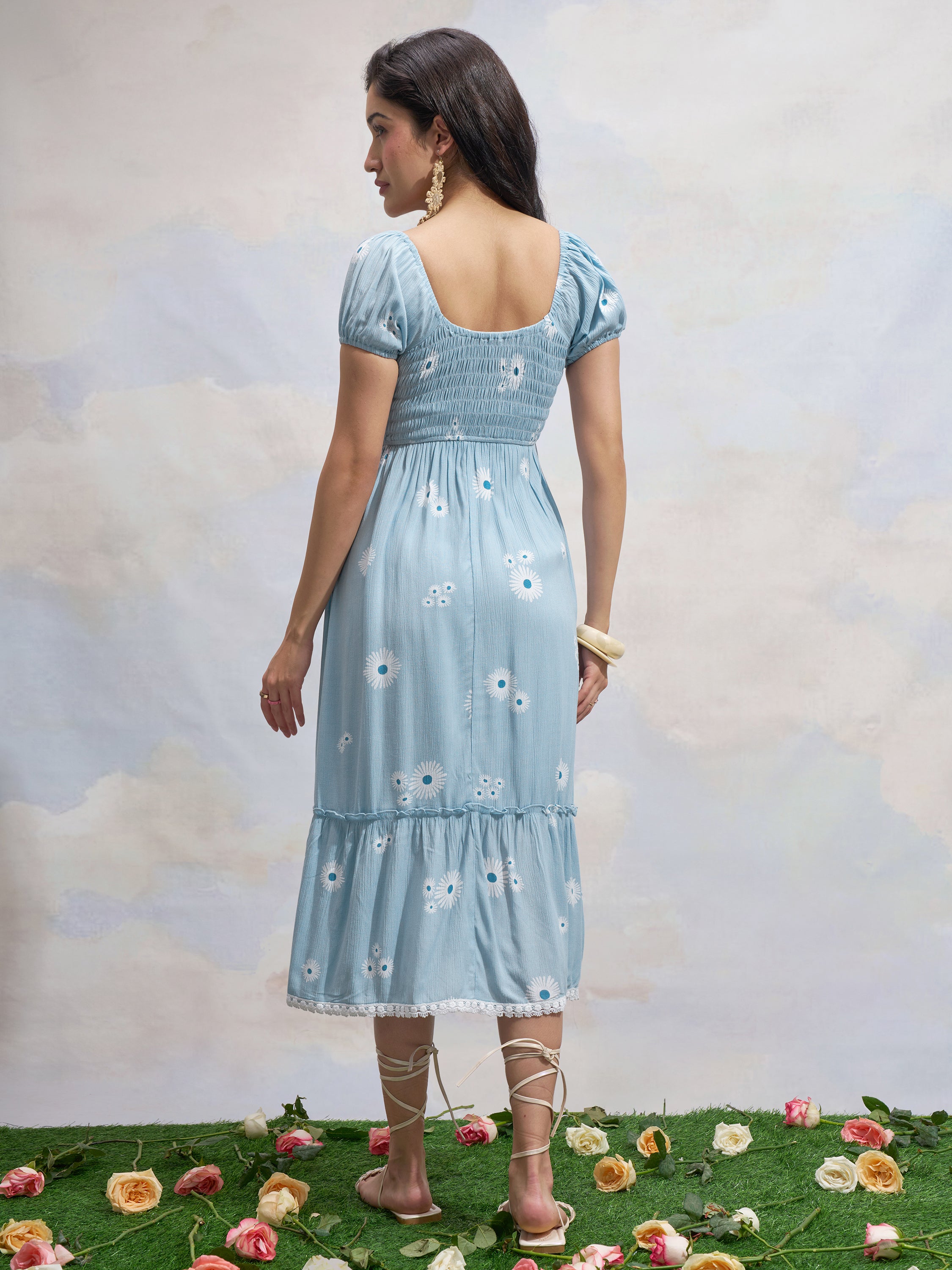 Vara By Vishudh Women Blue Printed Drop Waist Dress - Blue - Image 3