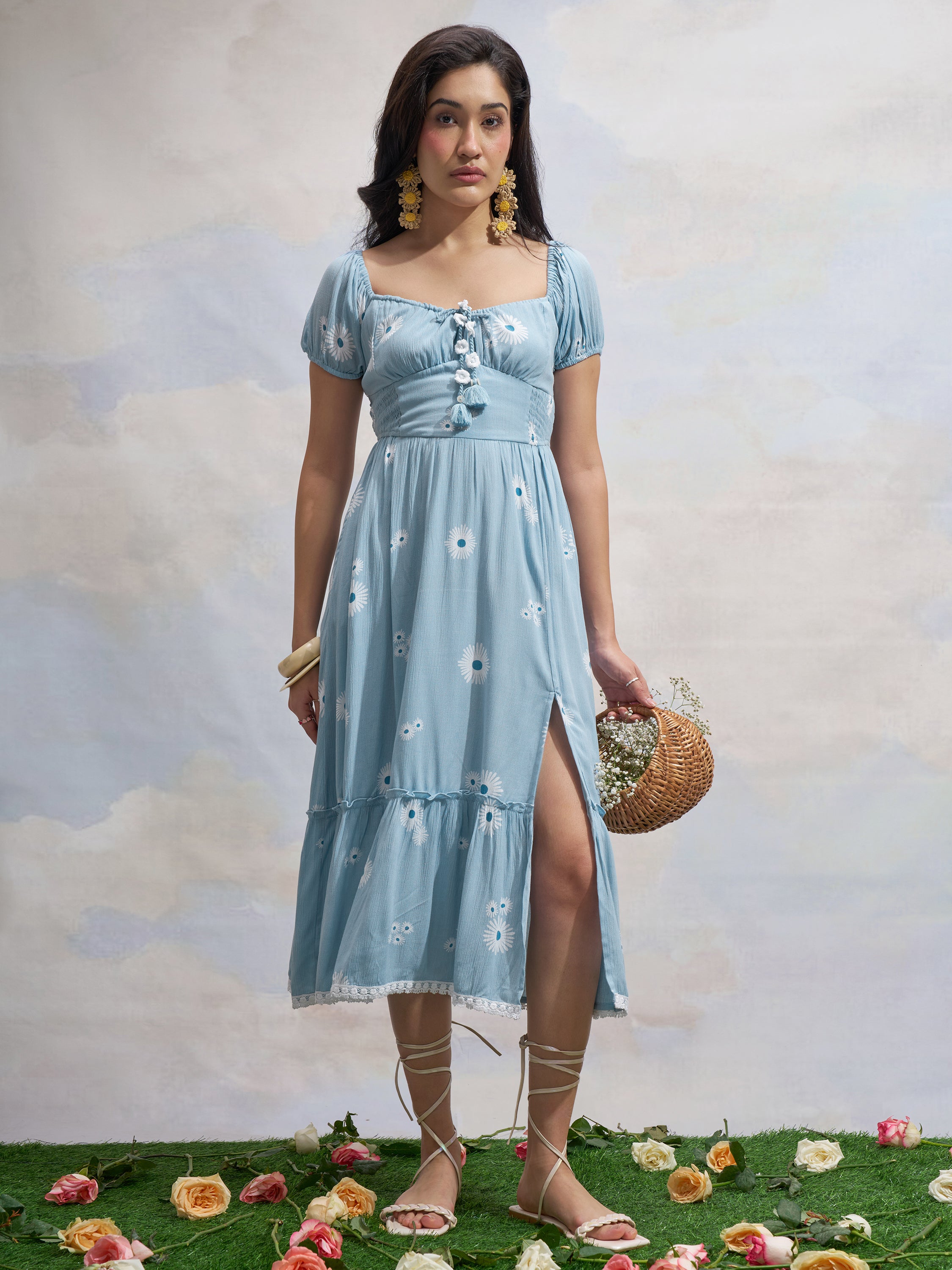 Vara By Vishudh Women Blue Printed Drop Waist Dress - Blue - Image 4
