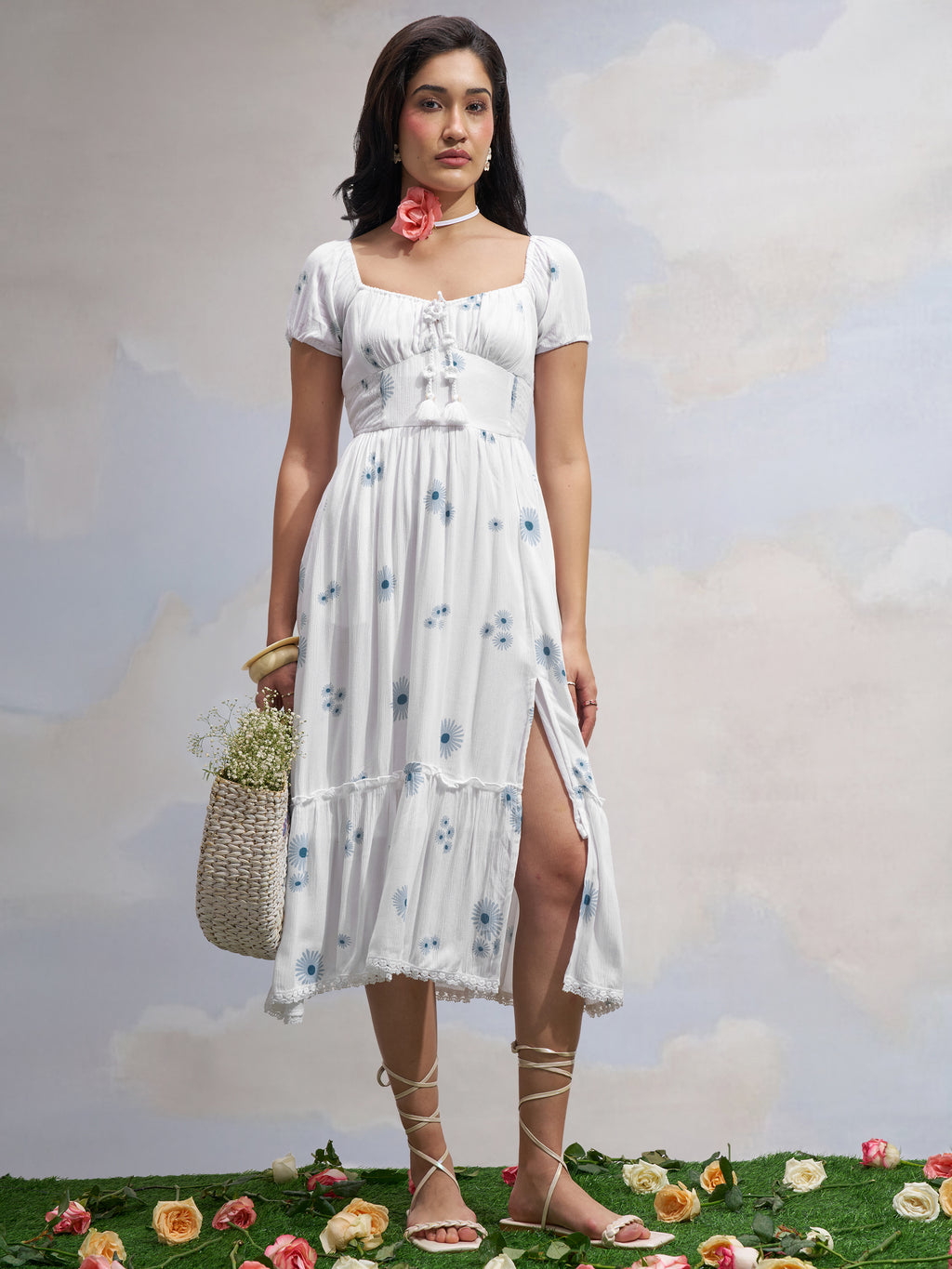 Vara By Vishudh Women White Printed Drop Waist Dress - White - Image 1