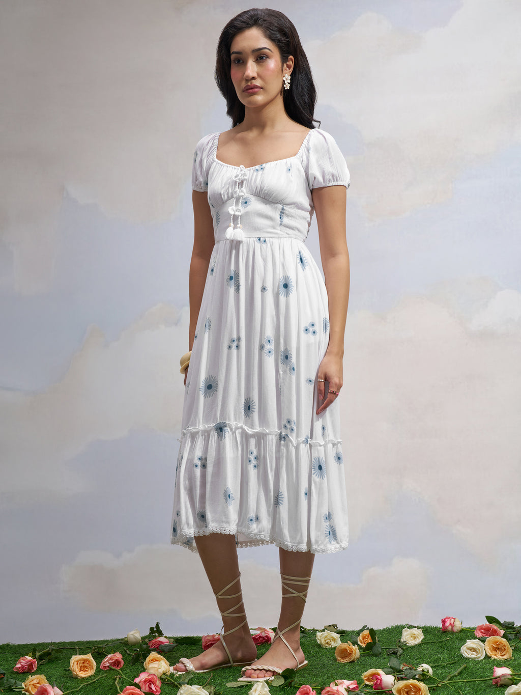 Vara By Vishudh Women White Printed Drop Waist Dress - White - Image 2