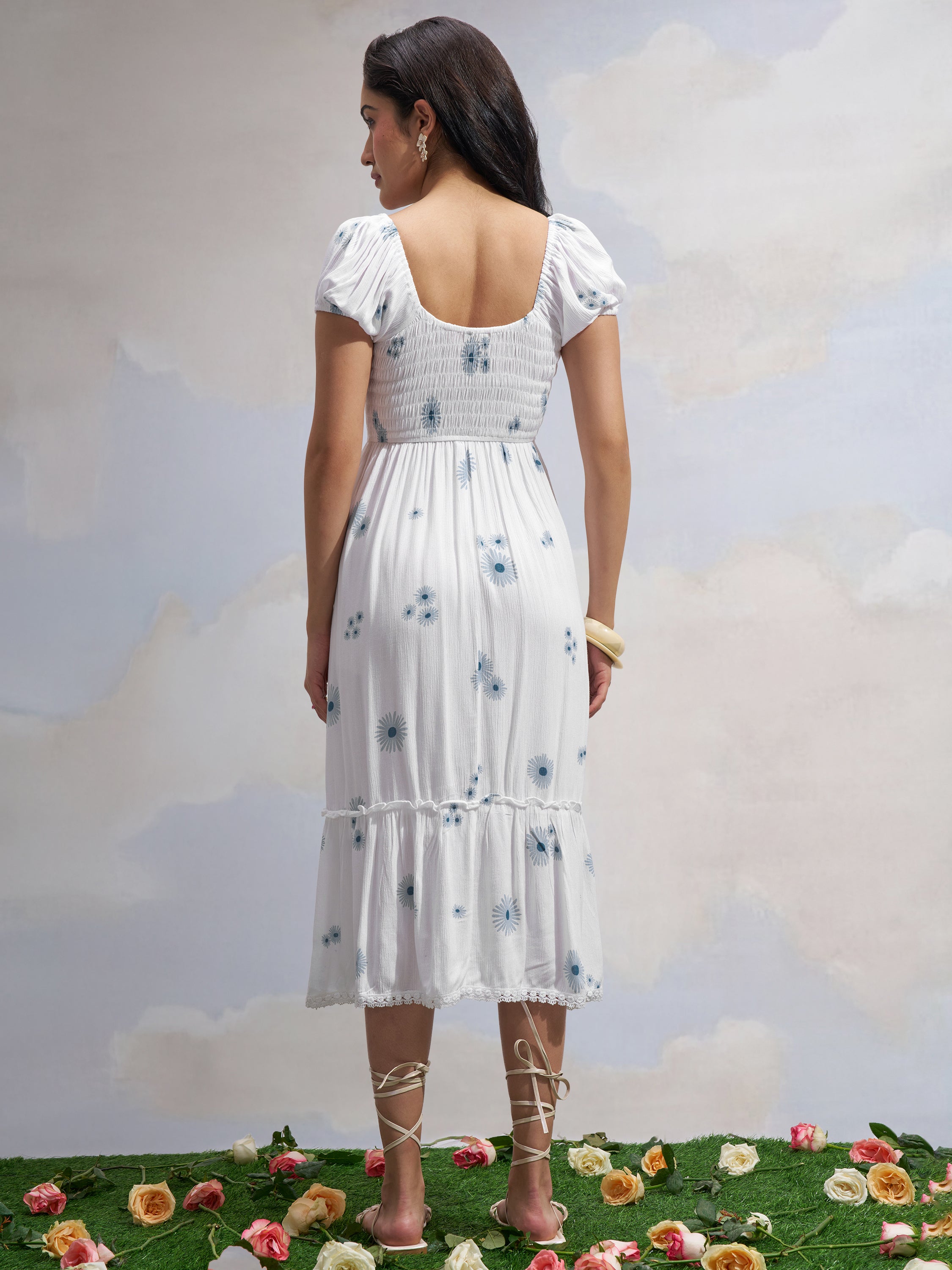 Vara By Vishudh Women White Printed Drop Waist Dress - White - Image 3