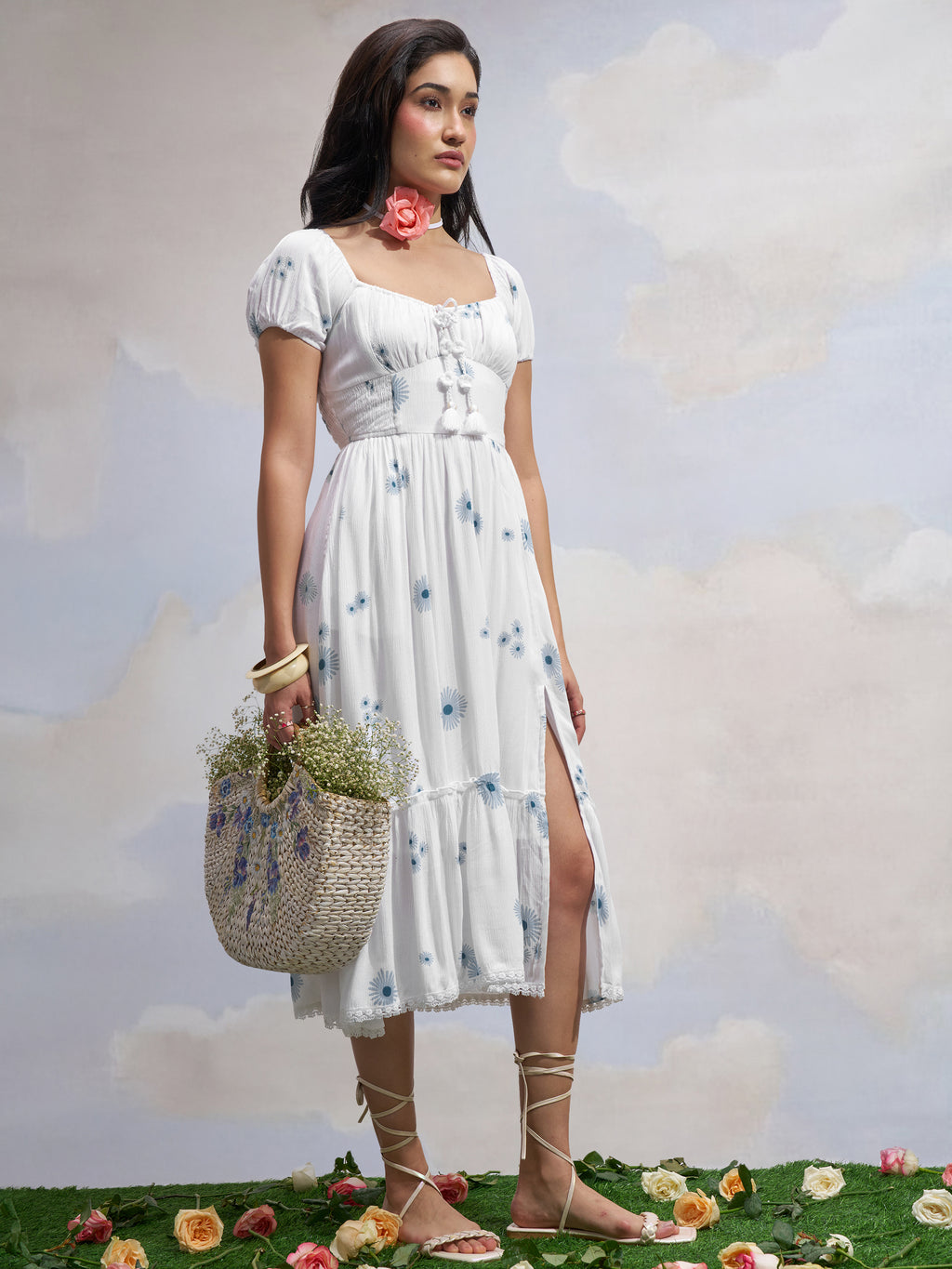 Vara By Vishudh Women White Printed Drop Waist Dress - White - Image 4