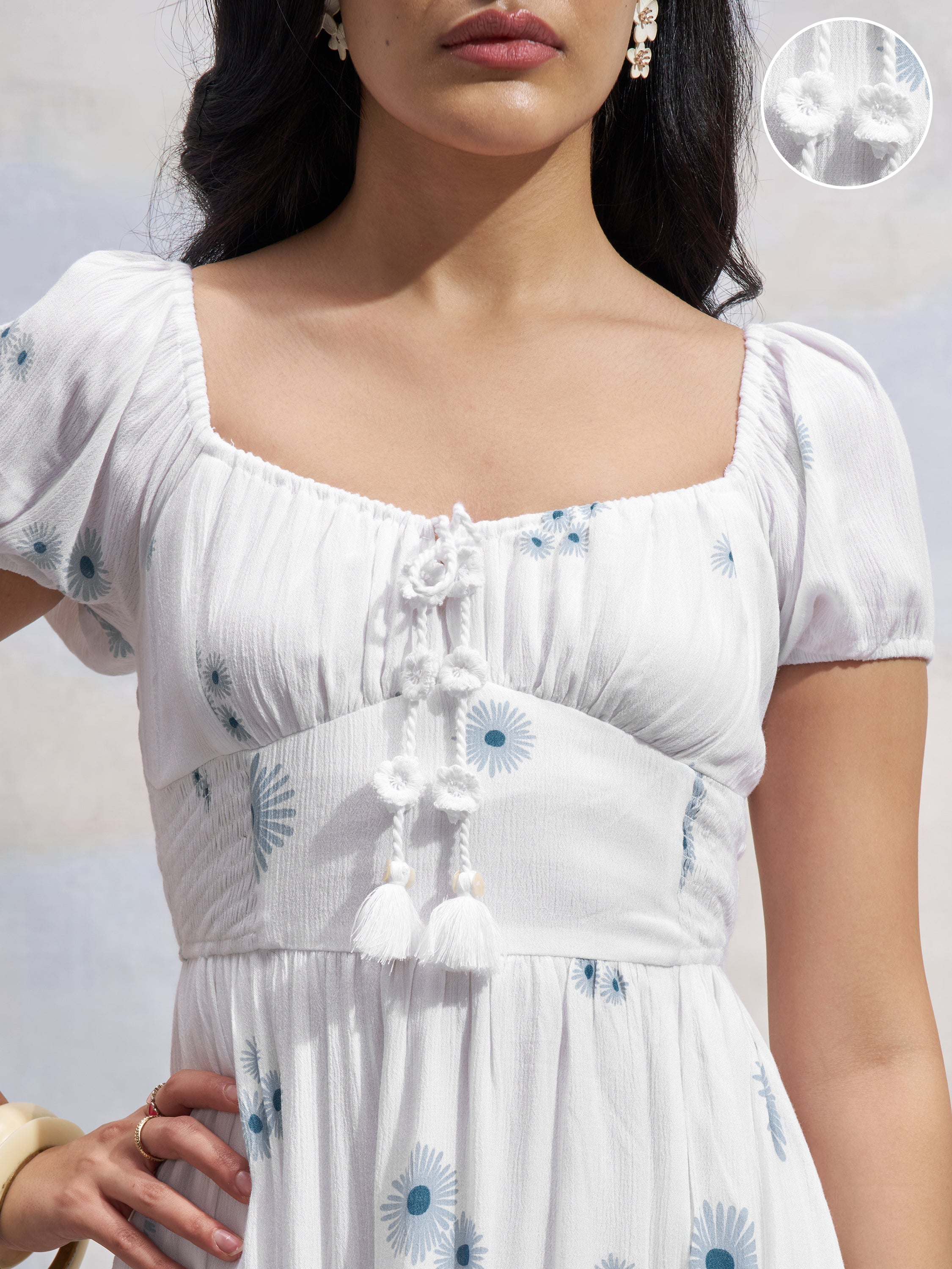 Vara By Vishudh Women White Printed Drop Waist Dress - White - Image 5