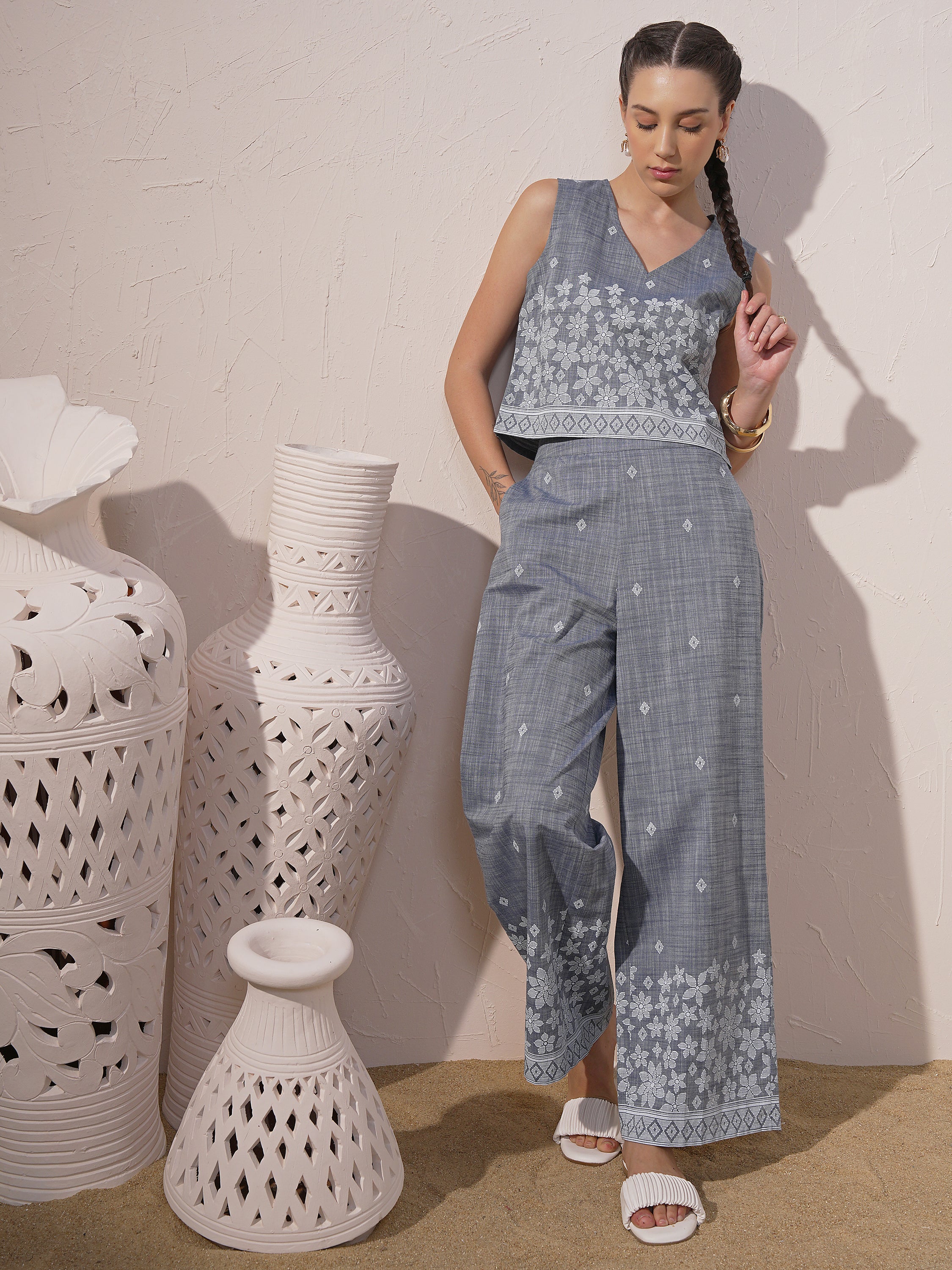 Vara By Vishudh Women Blue Top With Trouser - Blue - Image 1
