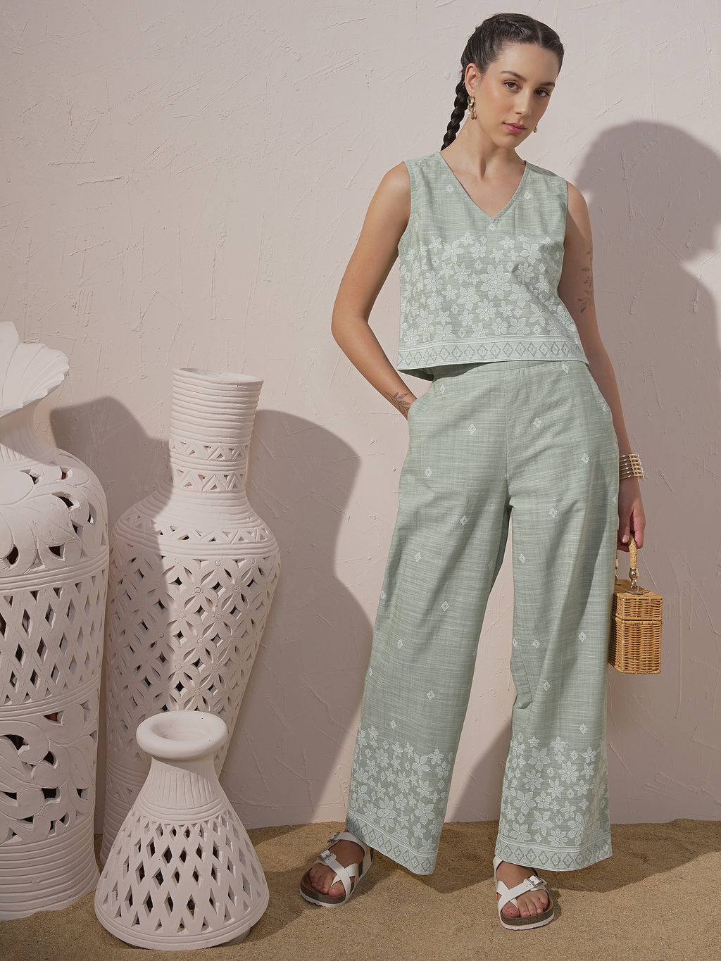 Vara By Vishudh Women Green Top With Trouser - Green - Image 1
