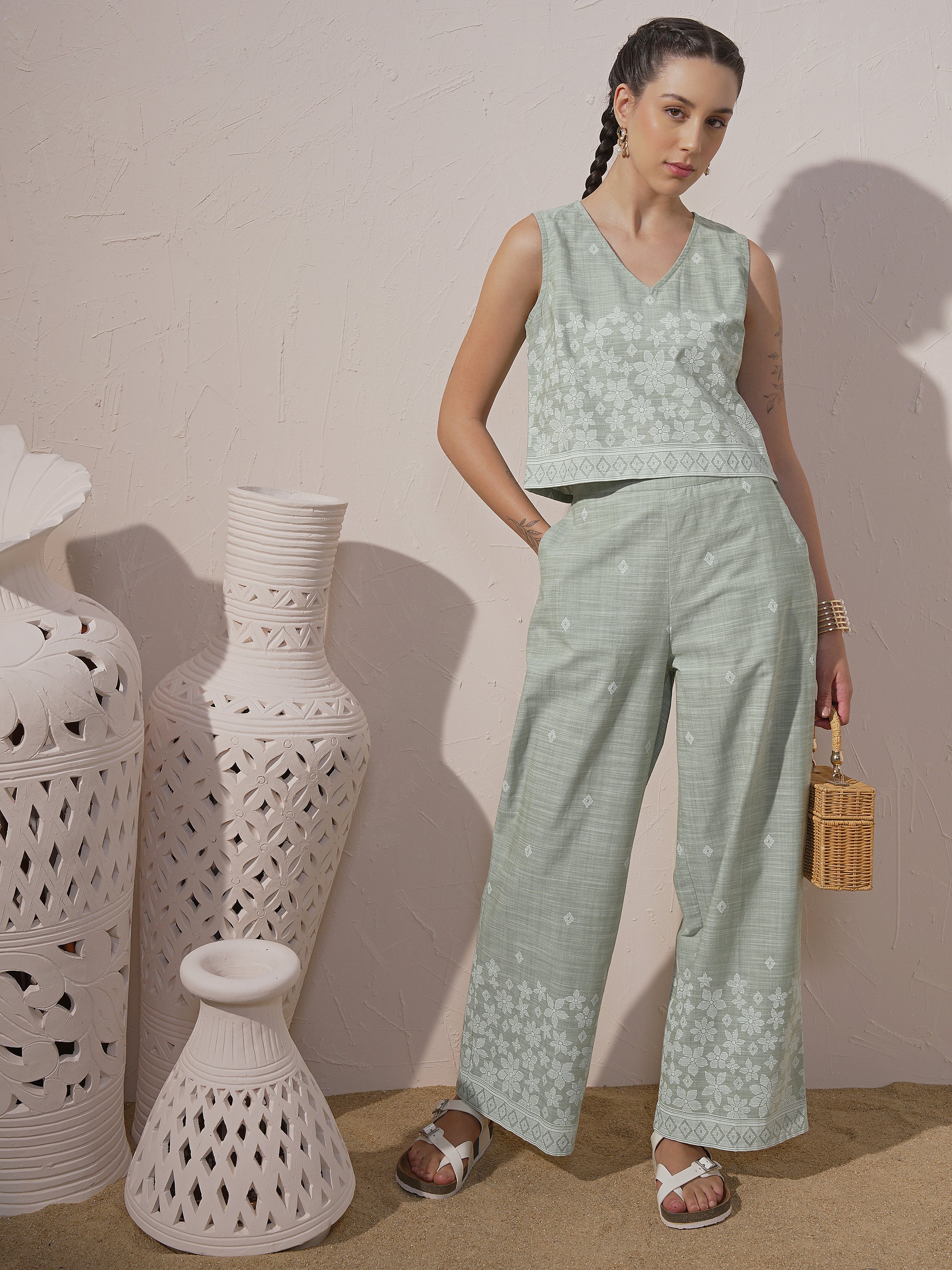 Vara By Vishudh Women Green Top With Trouser - Green - Image 1
