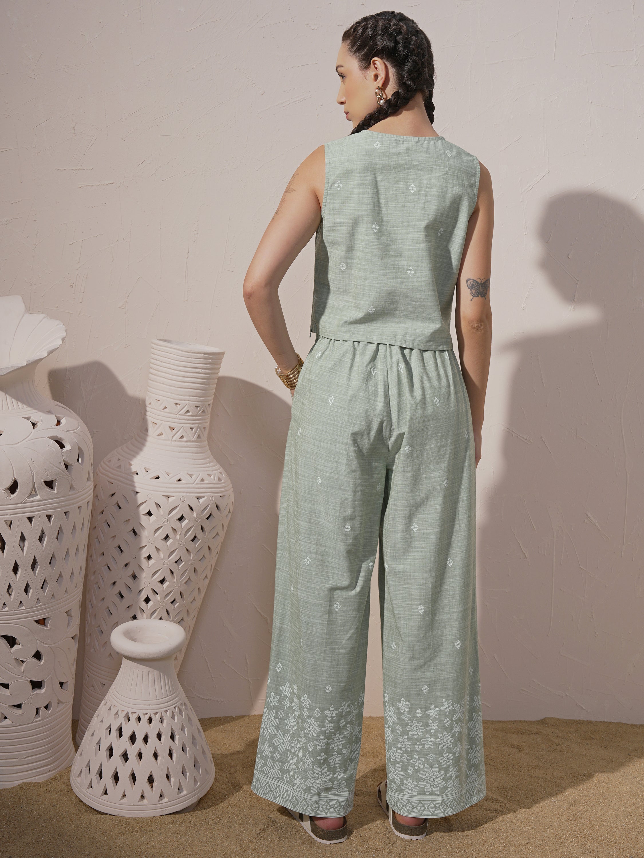 Vara By Vishudh Women Green Top With Trouser - Green - Image 3