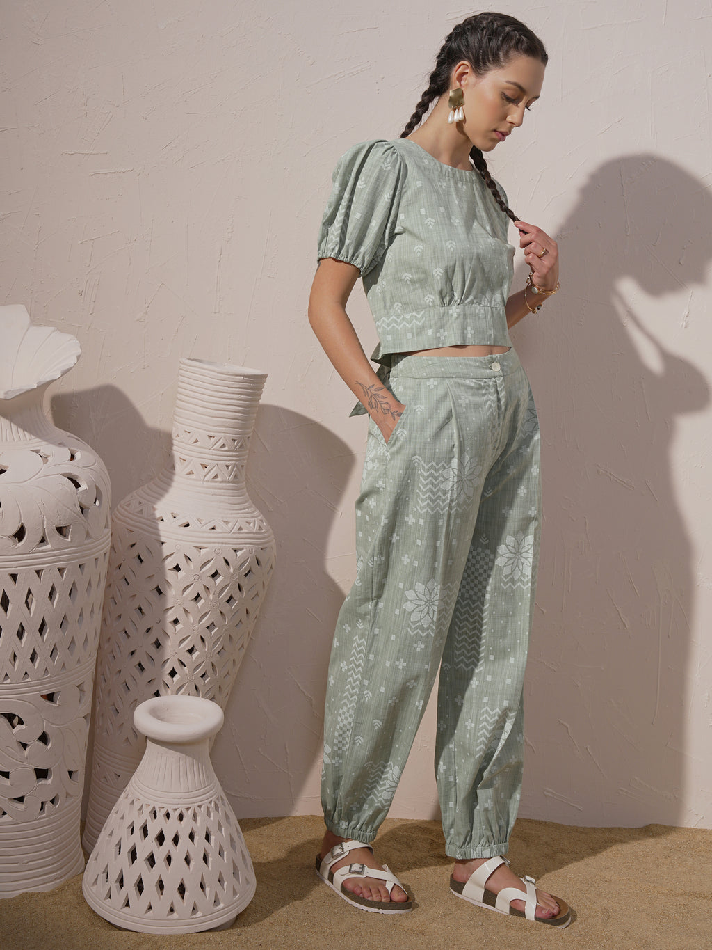 Vara By Vishudh Women Green Top With Joggers - Green - Image 4