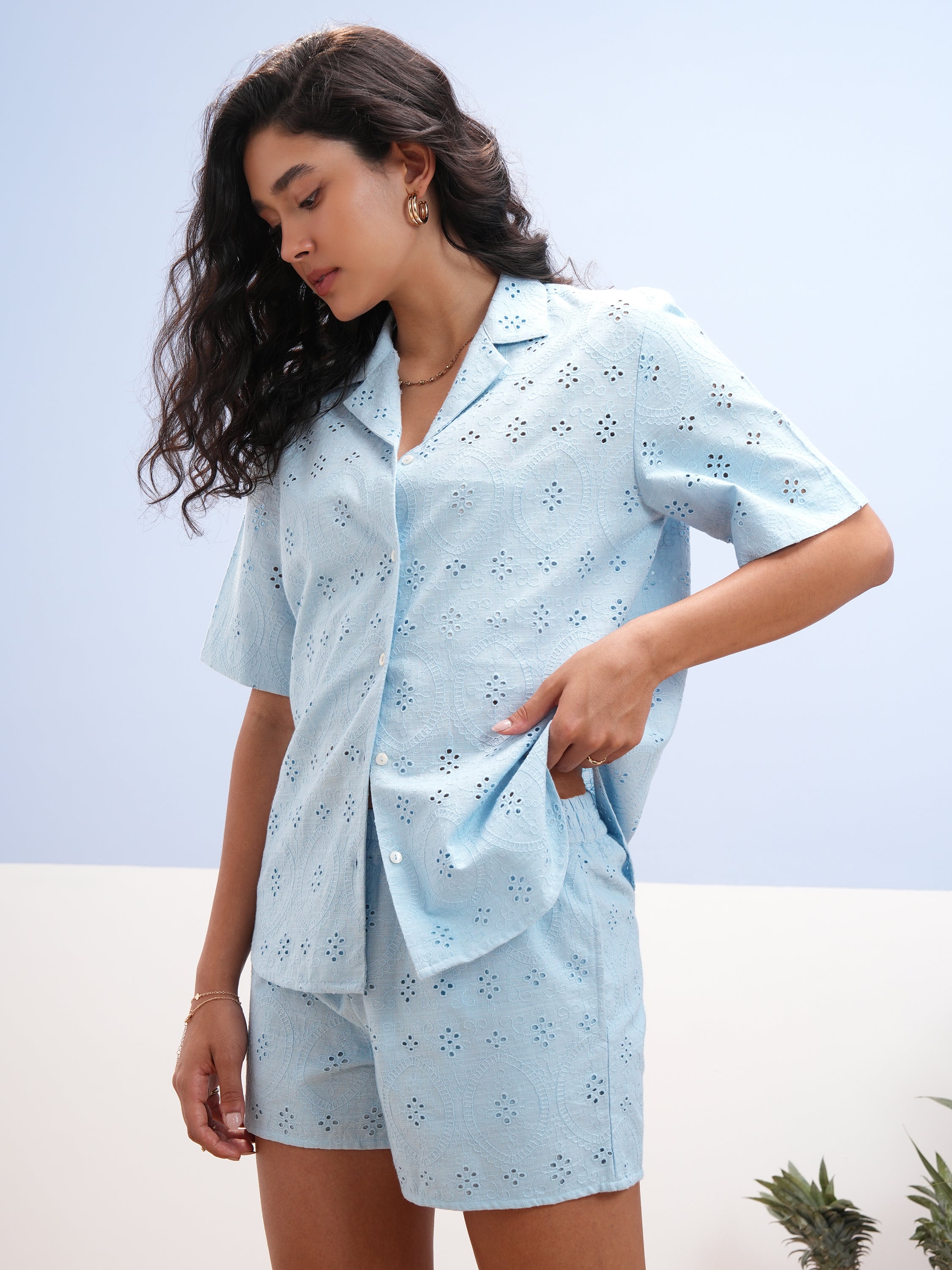 Vara By Vishudh Women Blue Shirt With Short - Blue - Image 4