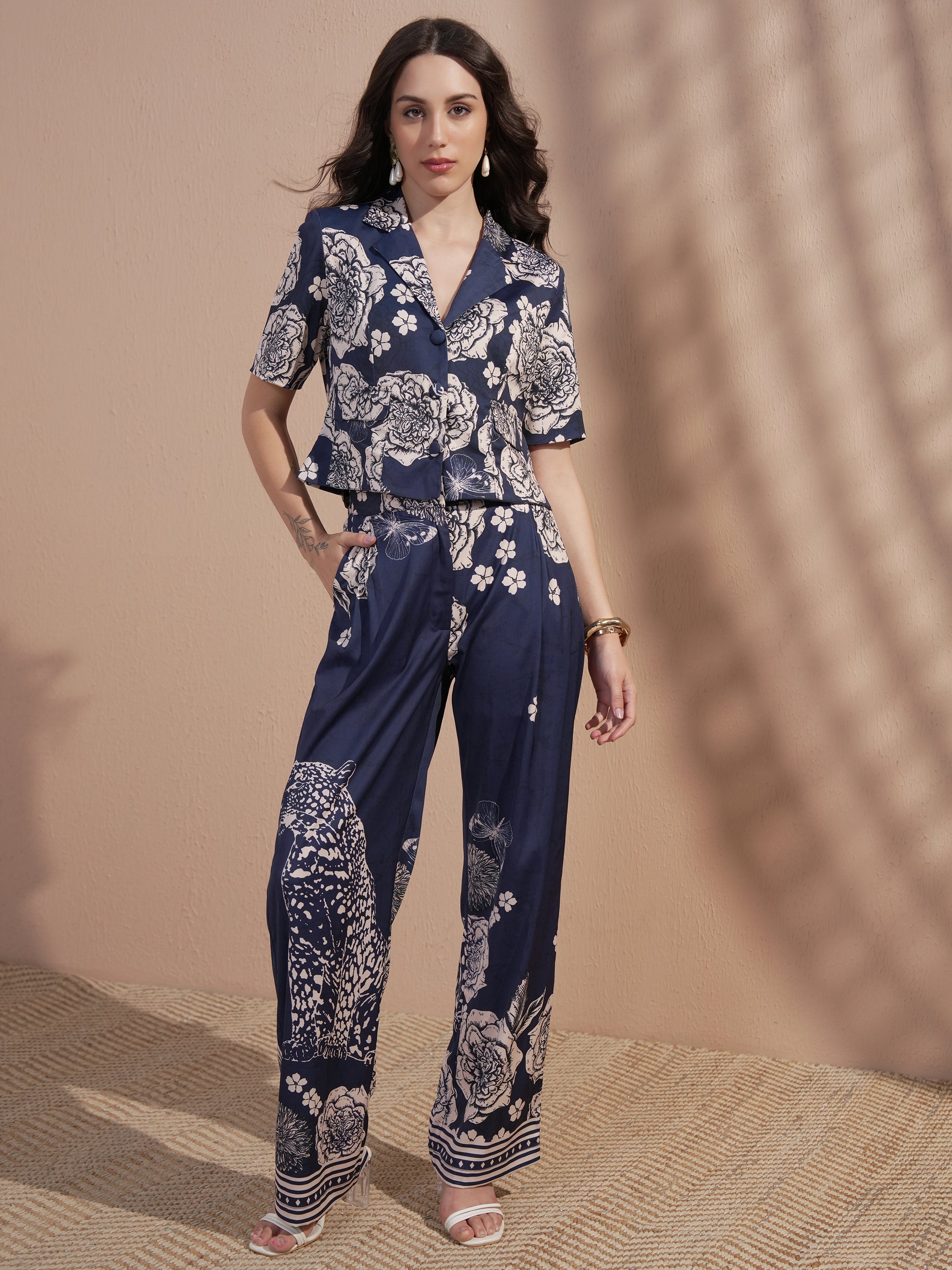 Vara By Vishudh Women Navy Blue Printed Jumpsuit - Navy Blue - Image 1