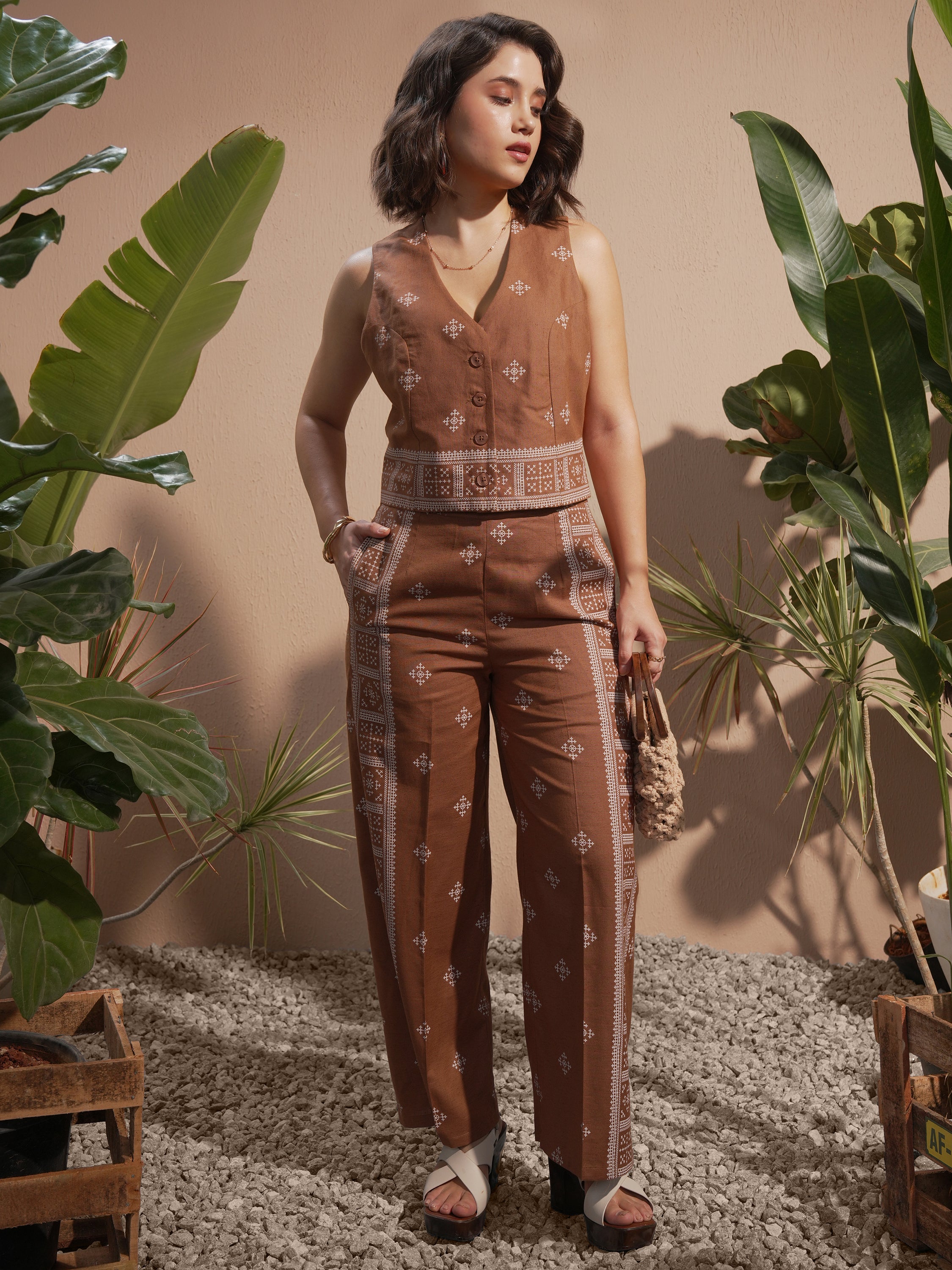 Vara By Vishudh Women Brown Blazer With Palazzos - Brown - Image 1
