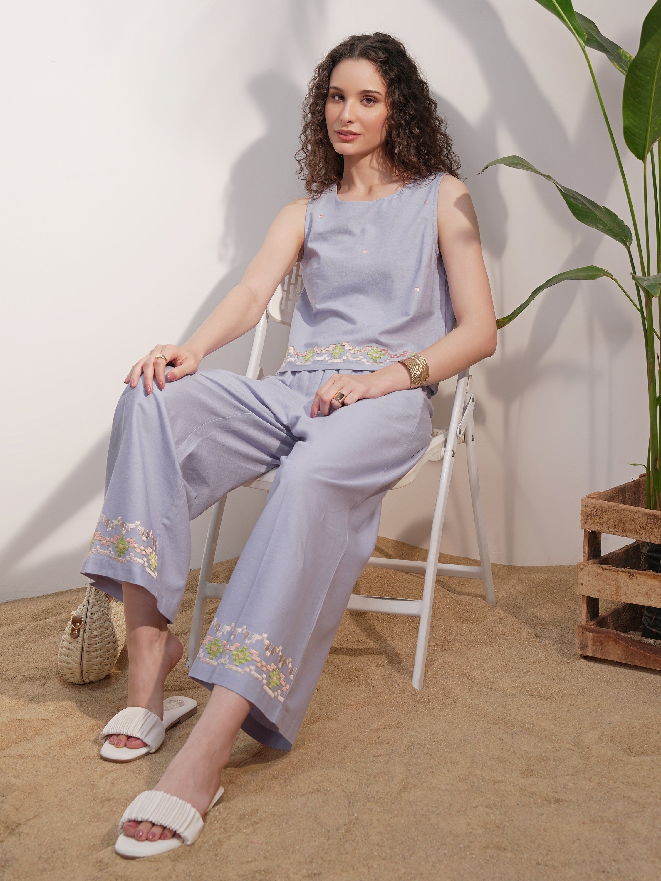 Vara By Vishudh Women Blue Top With Trouser - Blue - Image 1