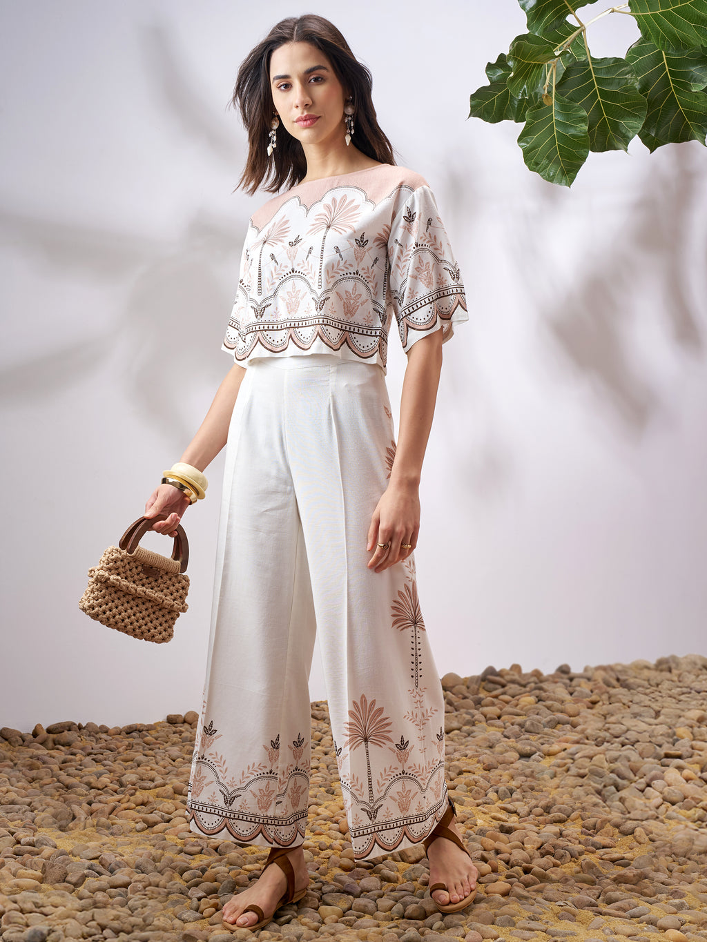 Vara By Vishudh Women Tan Top With Palazzo Co-Ords - Tan - Image 1
