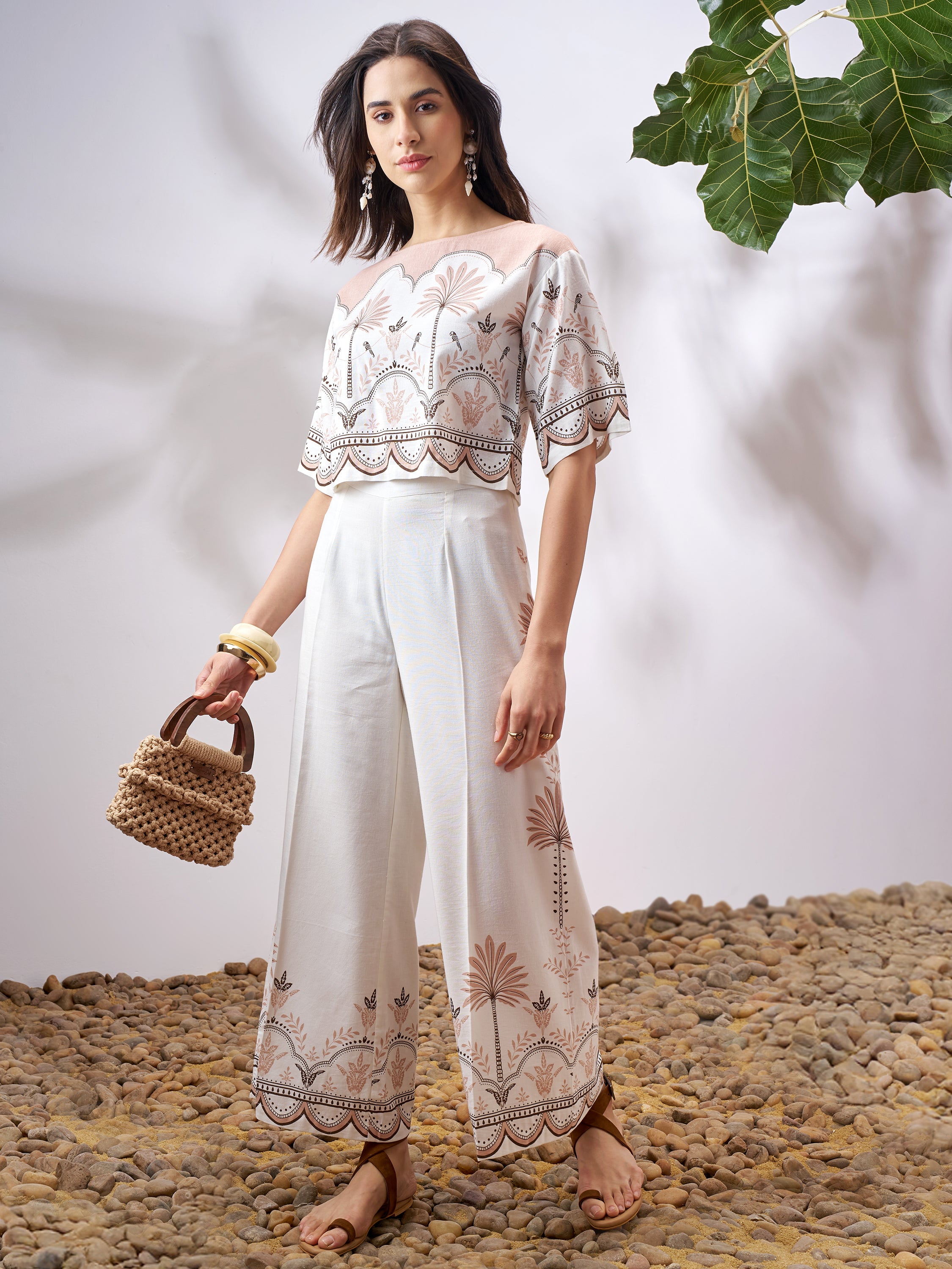 Vara By Vishudh Women Tan Top With Palazzo Co-Ords - Tan - Image 1