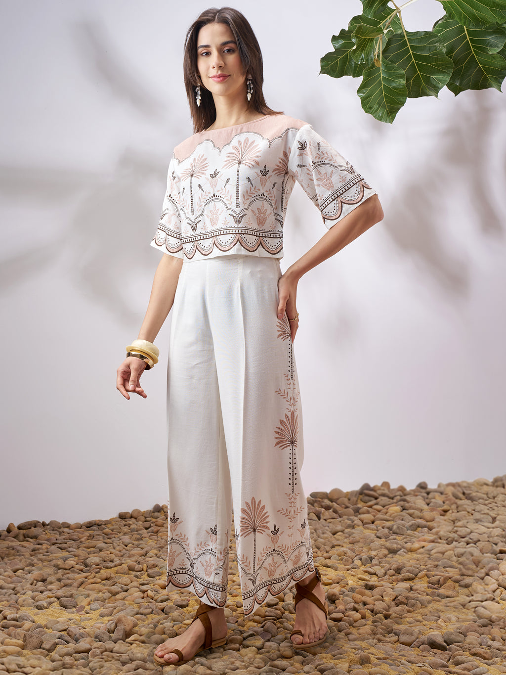 Vara By Vishudh Women Tan Top With Palazzo Co-Ords - Tan - Image 2