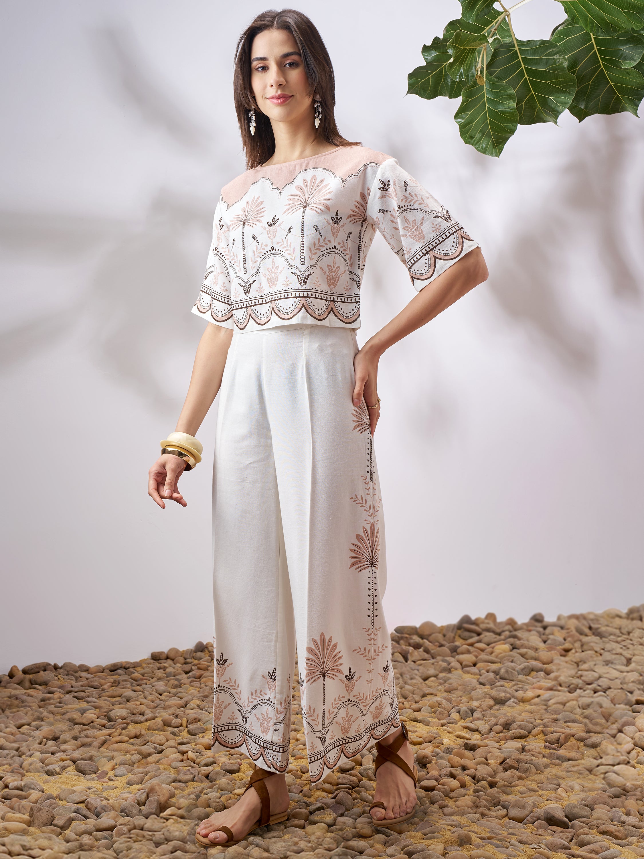 Vara By Vishudh Women Tan Top With Palazzo Co-Ords - Tan - Image 2