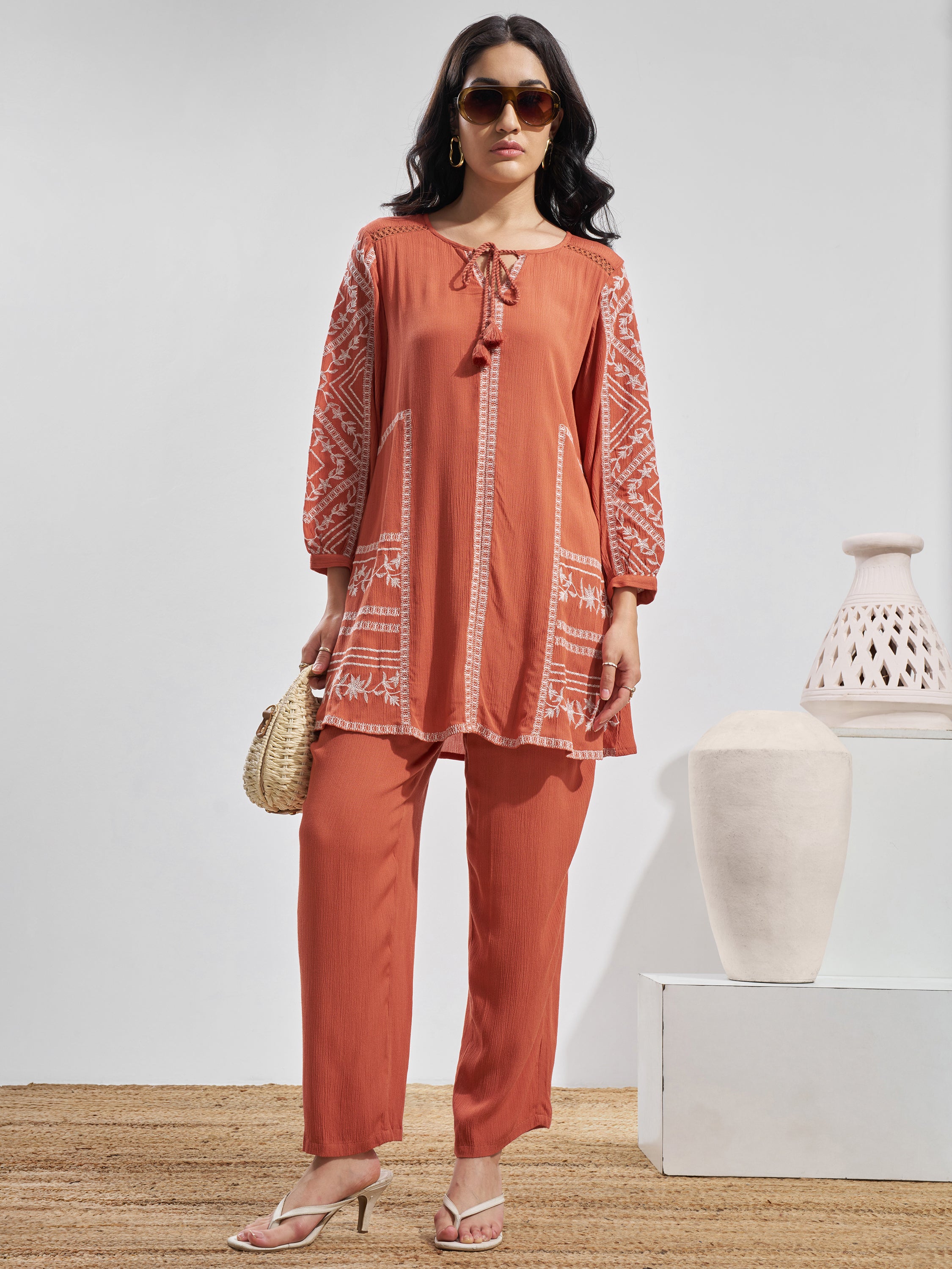 Vara By Vishudh Women Peach Top With Trouser Co-Ords - Peach - Image 1