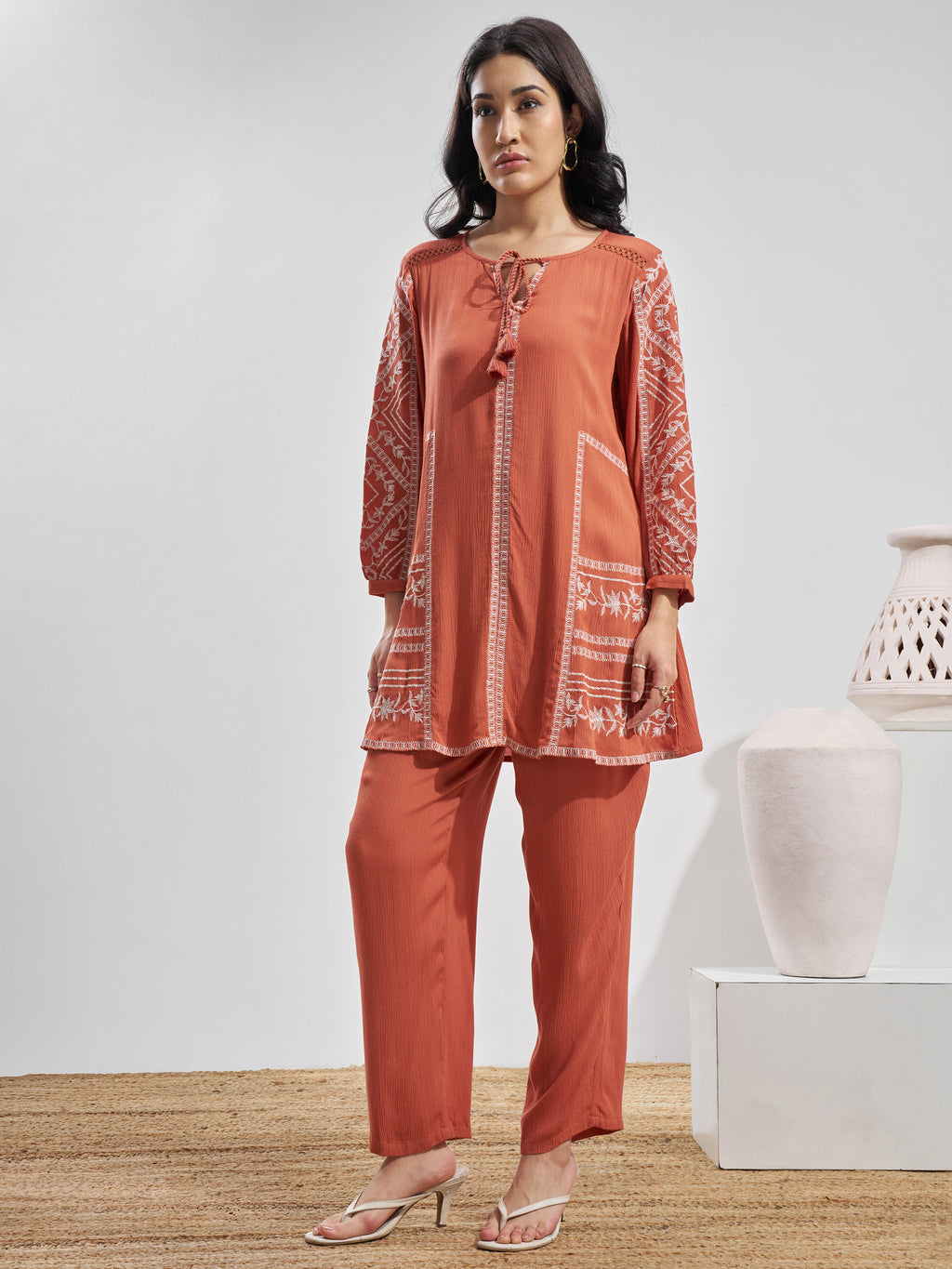 Vara By Vishudh Women Peach Top With Trouser Co-Ords - Peach - Image 2