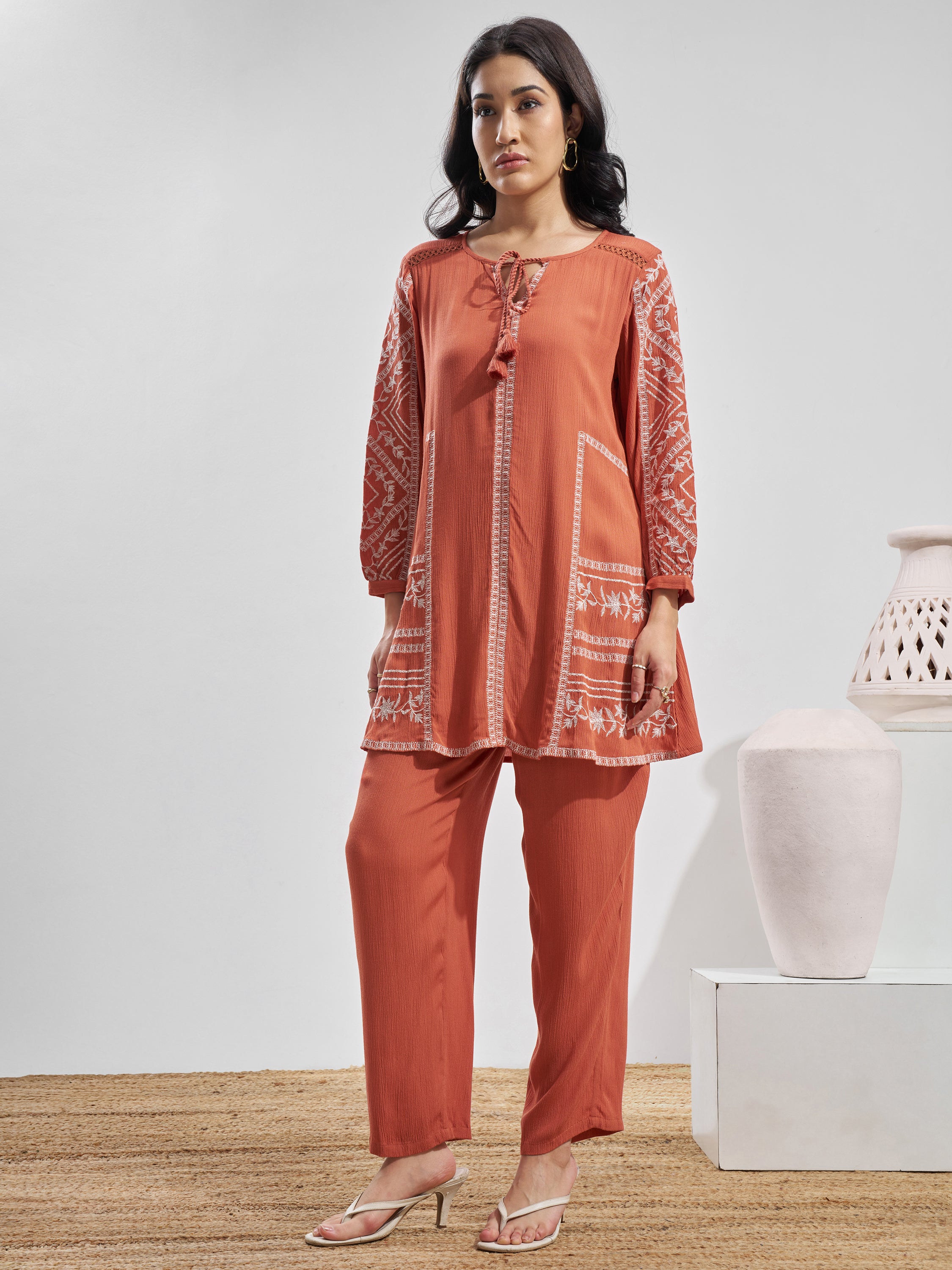 Vara By Vishudh Women Peach Top With Trouser Co-Ords - Peach - Image 2