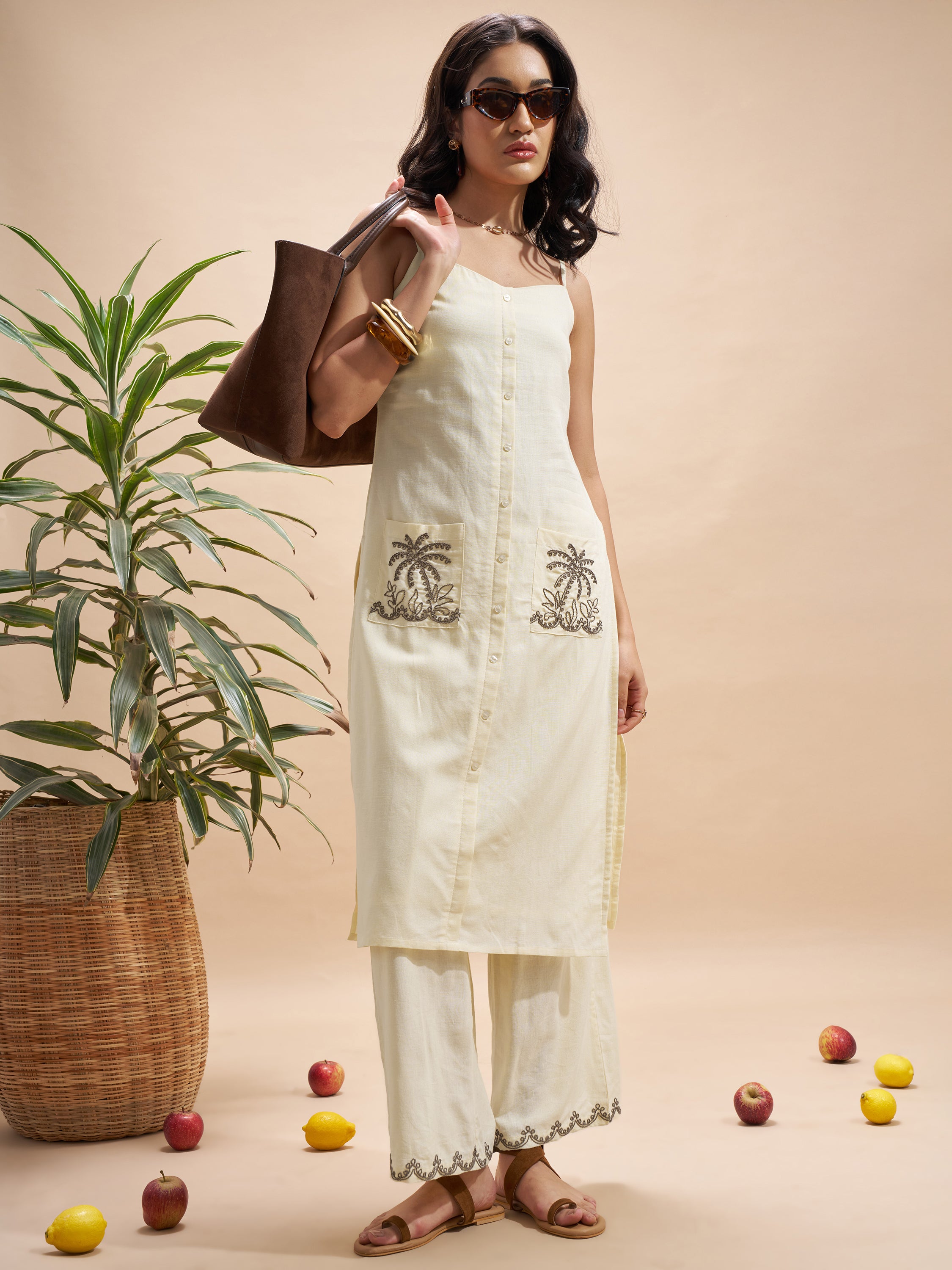 Vara By Vishudh Women Cream Top With Trouser Co-Ords - Cream - Image 1