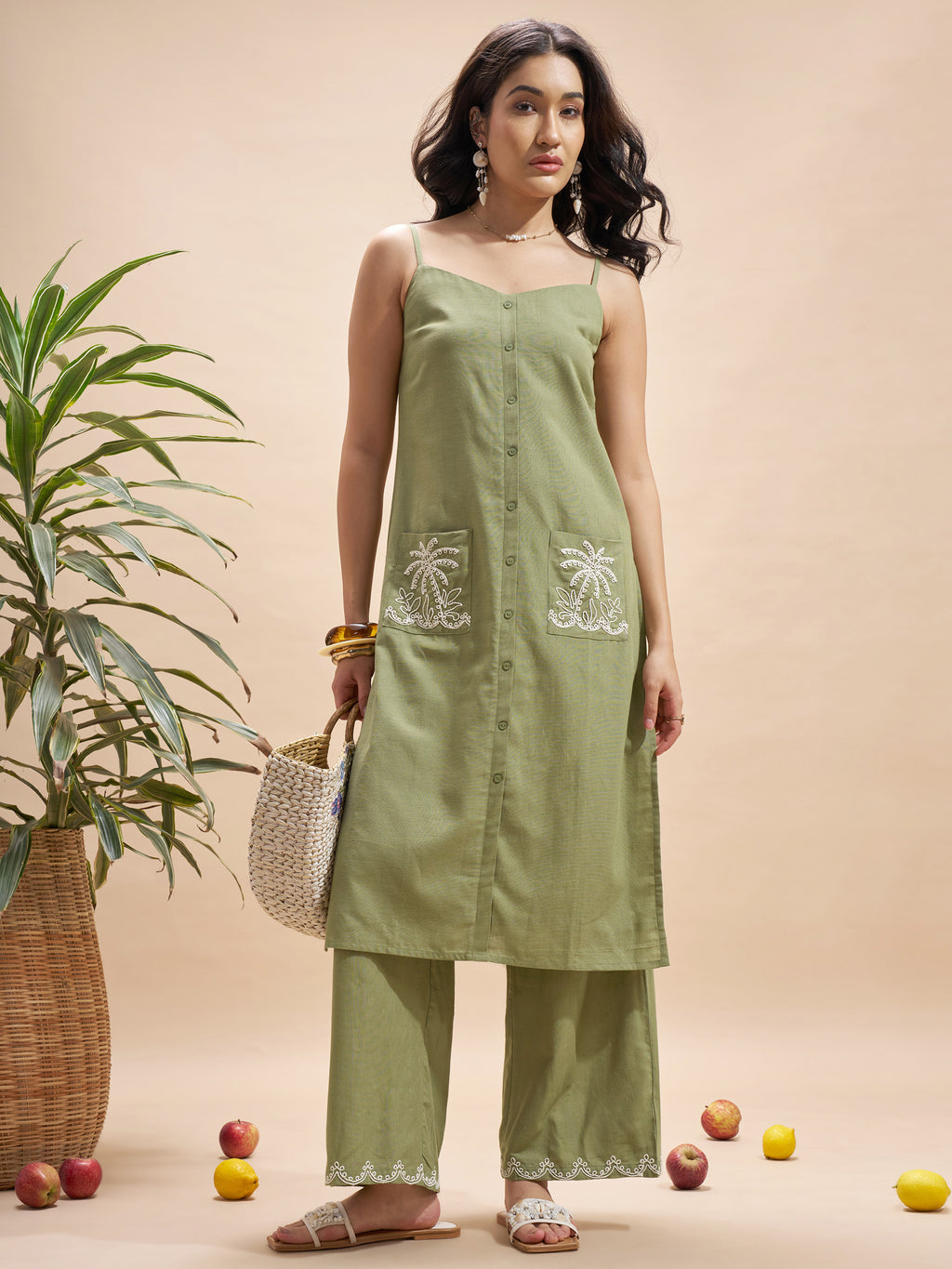 Vara By Vishudh Women Olive Top With Trouser Co-Ords - Olive - Image 1