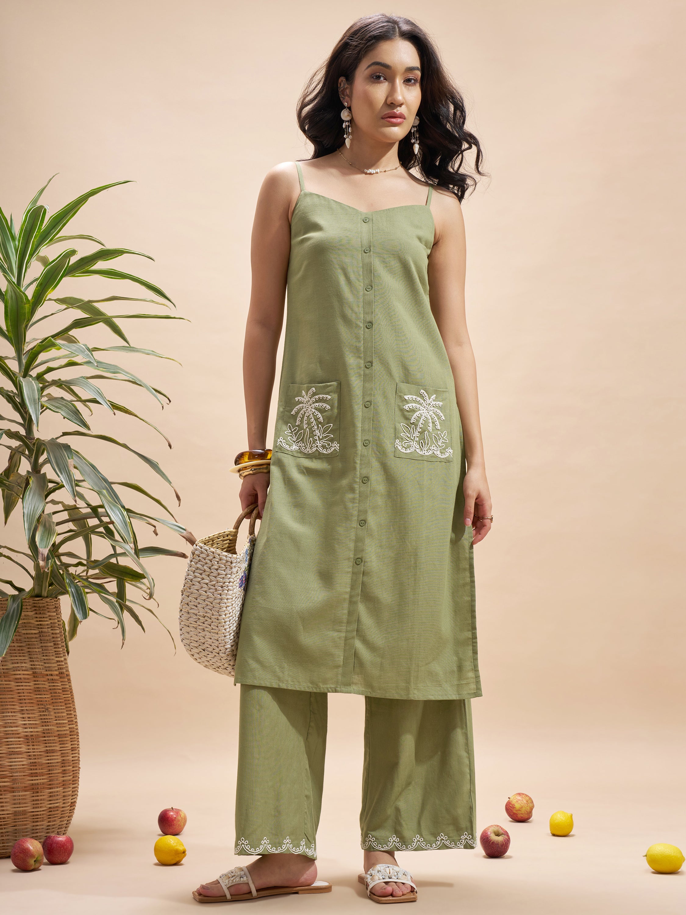 Vara By Vishudh Women Olive Top With Trouser Co-Ords - Olive - Image 1