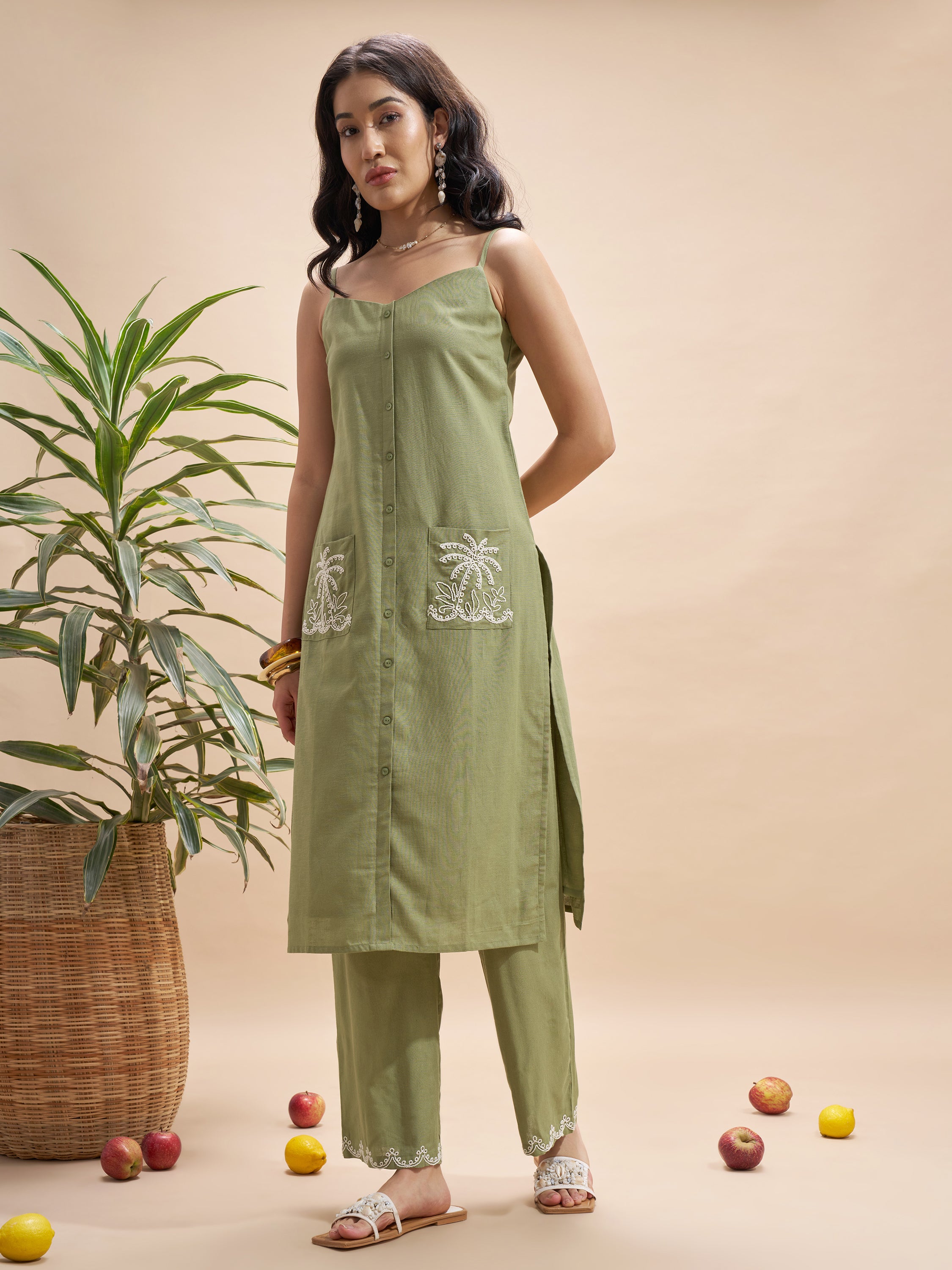 Vara By Vishudh Women Olive Top With Trouser Co-Ords - Olive - Image 2