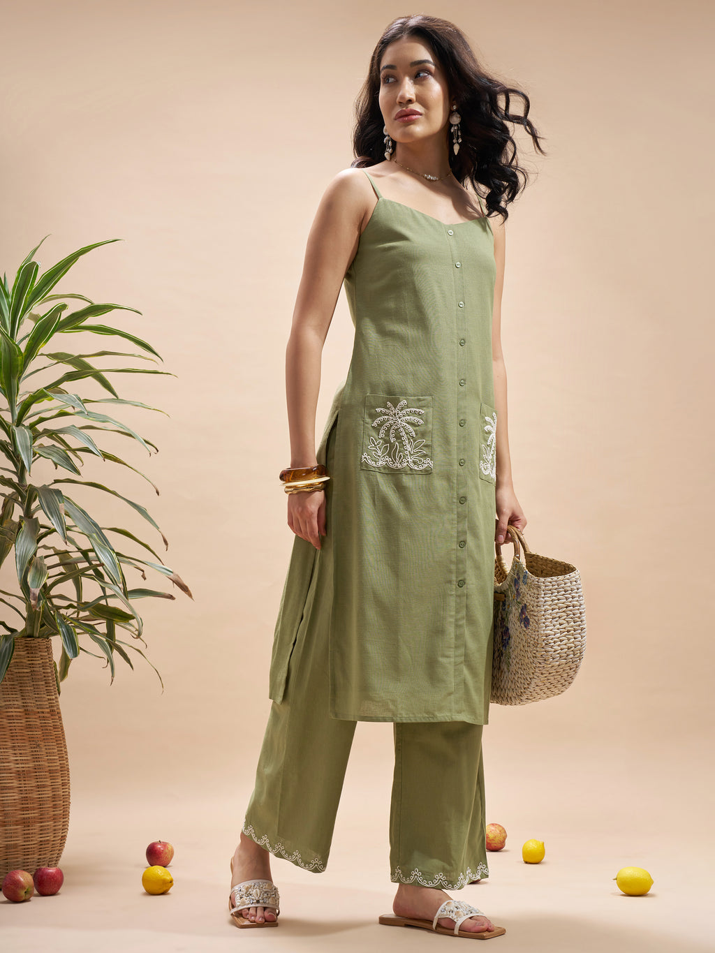 Vara By Vishudh Women Olive Top With Trouser Co-Ords - Olive - Image 4
