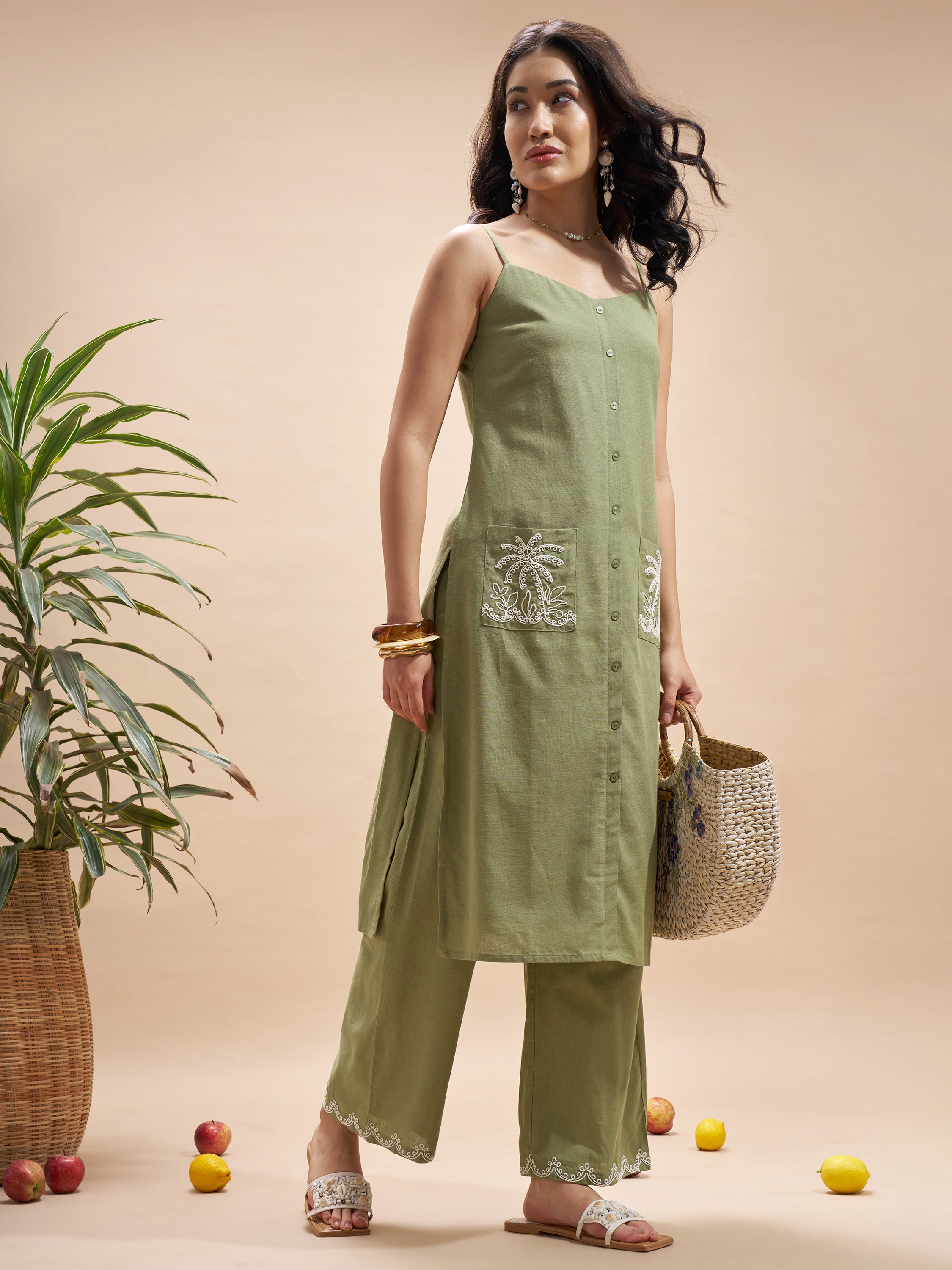 Vara By Vishudh Women Olive Top With Trouser Co-Ords - Olive - Image 4